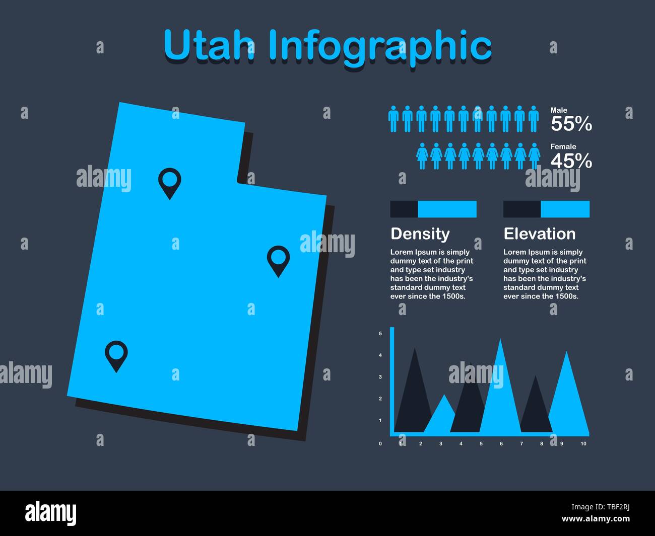 Utah State (USA) Map with Set of Infographic Elements in Blue Color in Dark Background. Modern Information Graphics Element for your design. Stock Vector