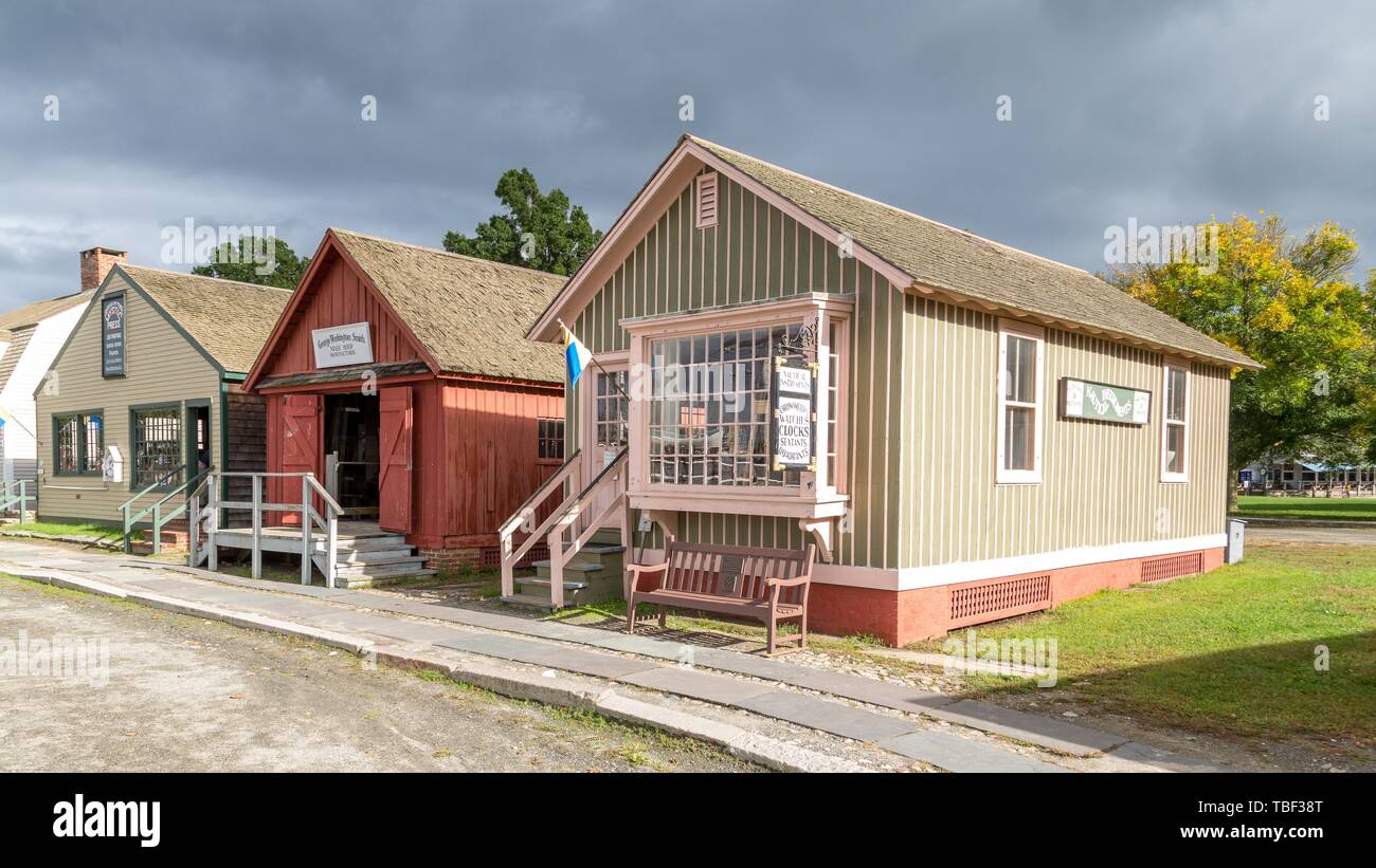 Historic houses in the open-air museum Mystic Seaport, Mystic, Connecticut, USA Stock Photo