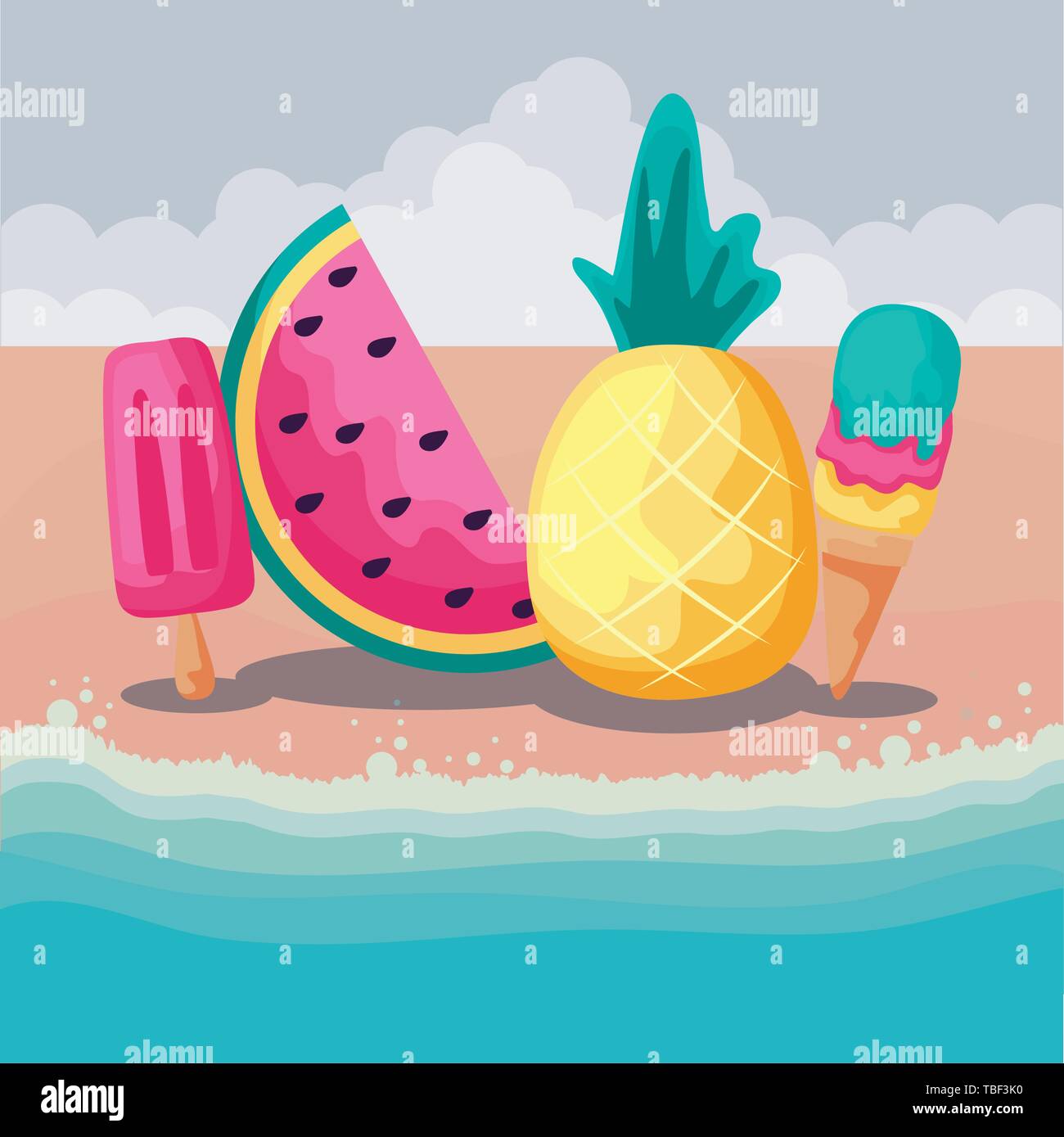 summer beach with pineapple fruit and set icons vector illustration ...