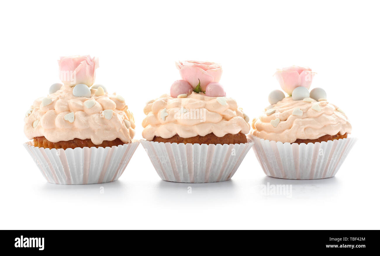 Tasty Easter cupcakes on white background Stock Photo