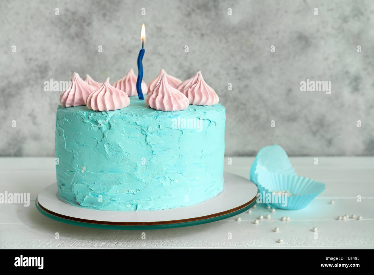 Tasty Birthday cake on white table Stock Photo - Alamy