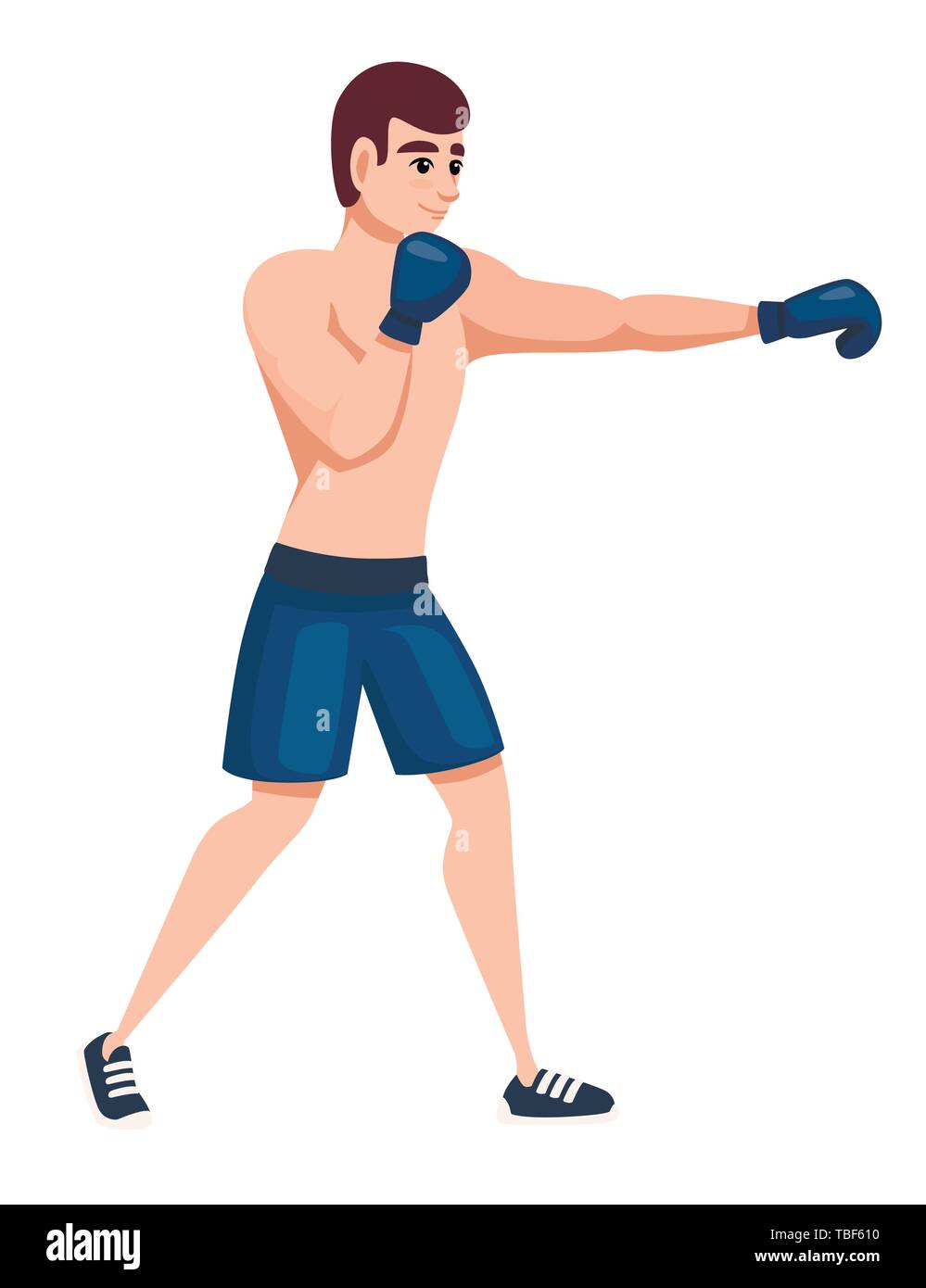 Boxer in sports pants with boxing gloves punching training cartoon character design flat vector illustration isolated on white background. Stock Vector