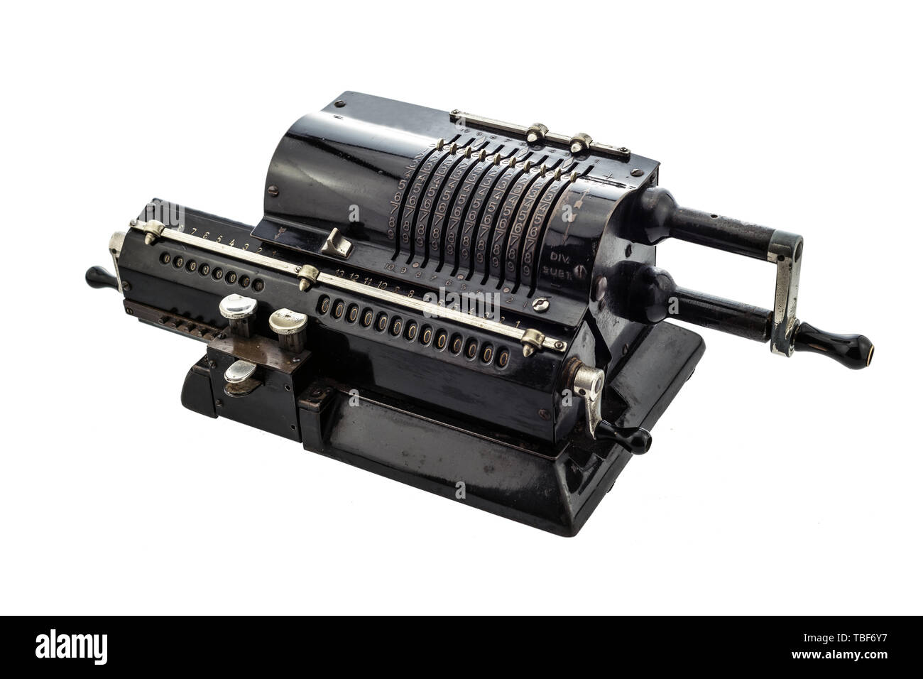 Ancient pinwheel mechanical calculator.The calculating machine, is a mechanical device used to perform automatically the basic operations of arithmeti Stock Photo