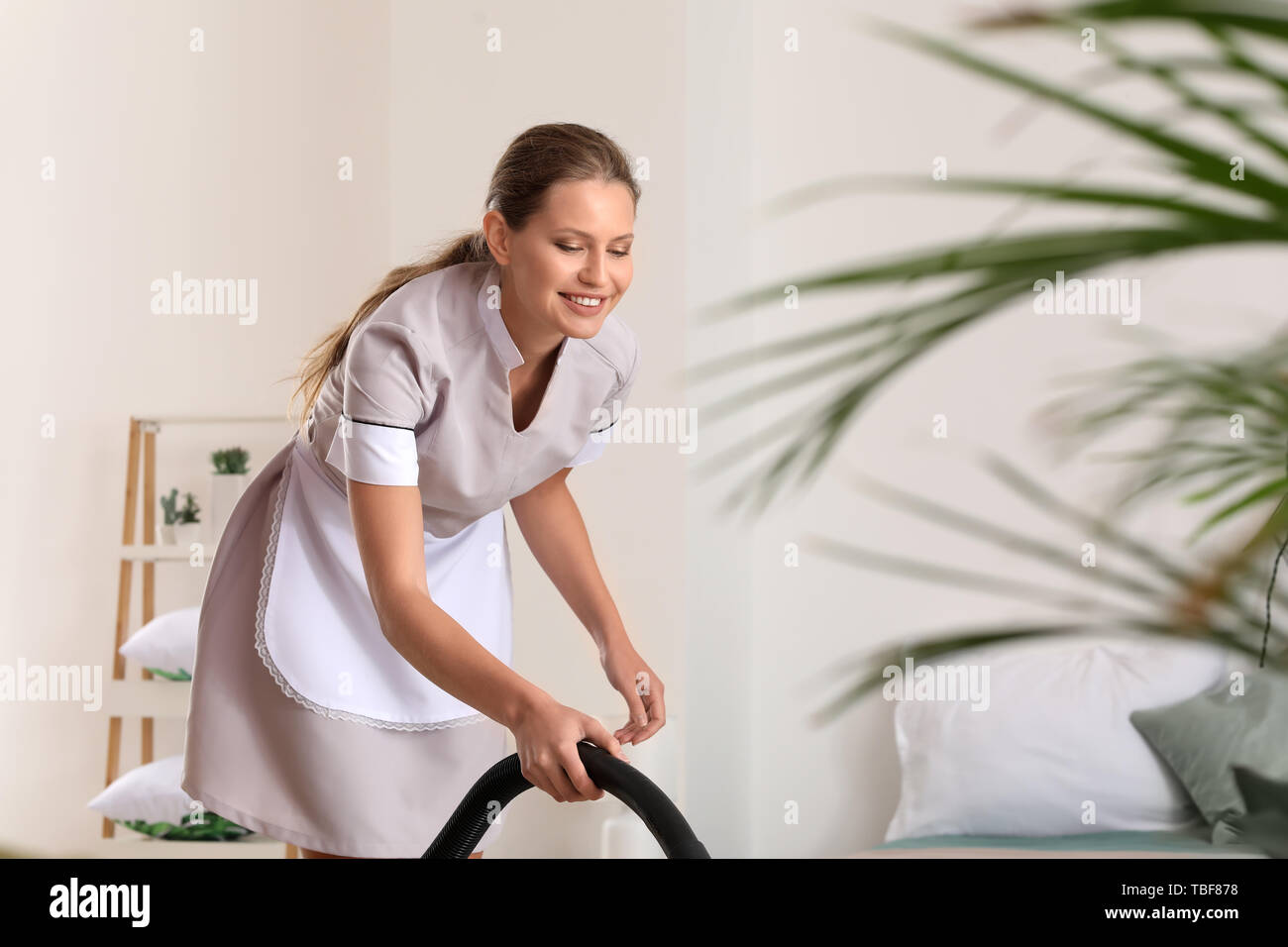 Beautiful female housekeeper with vacuum cleaner in room Stock Photo
