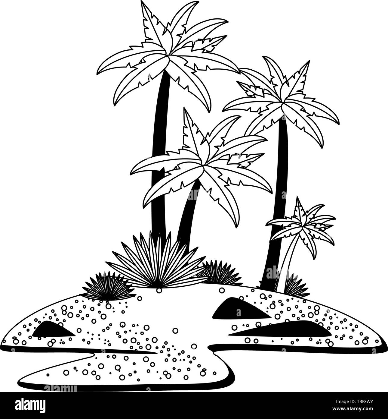 Beach with palms and rocks scenery isolated in black and white Stock ...