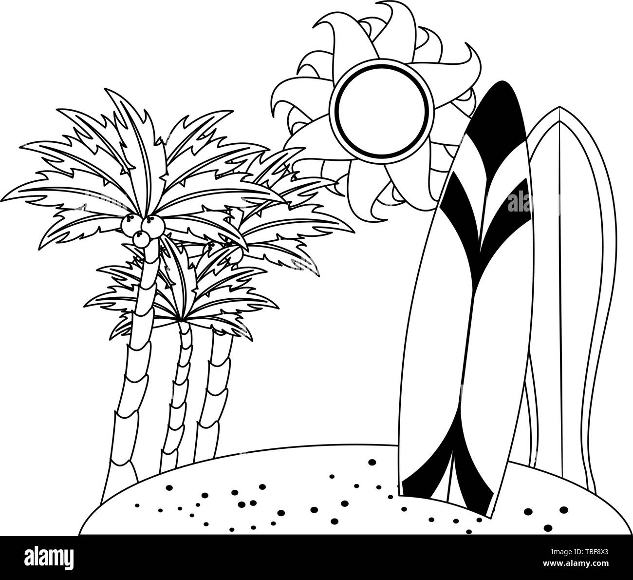 Surf tables in the beach cartoon in black and white Stock Vector Image