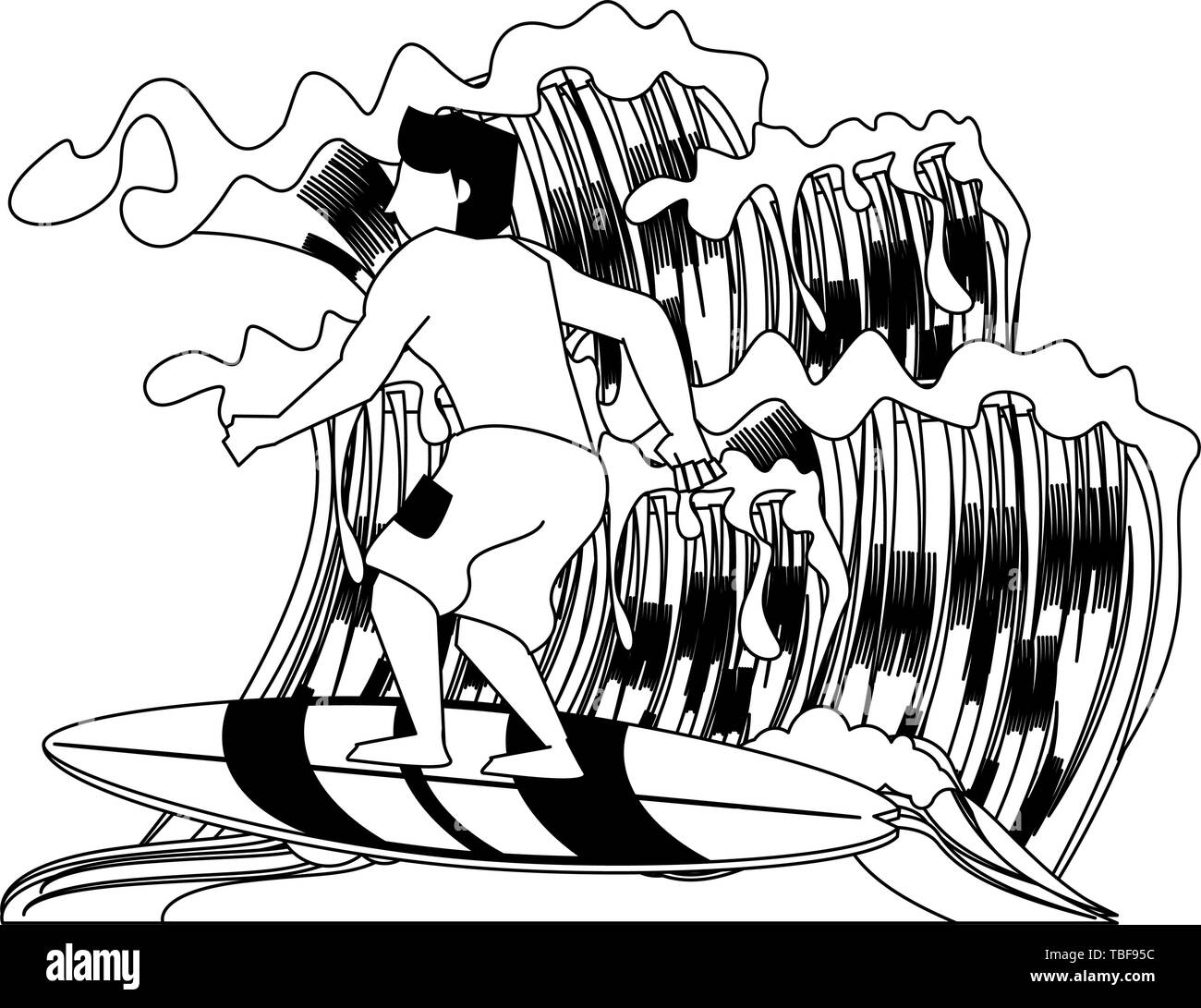 Man surfing waves cartoons isolated in black and white Stock Vector ...