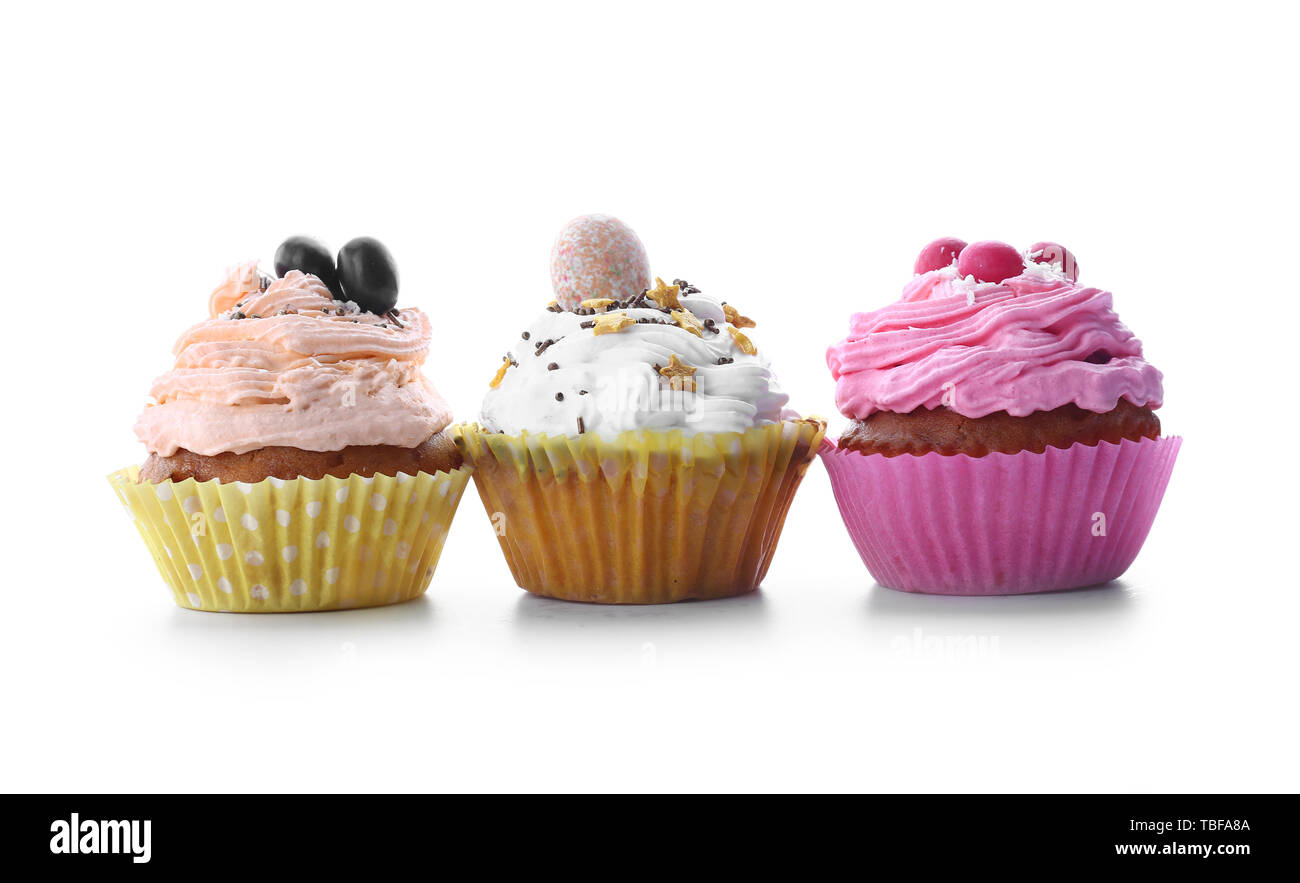 Tasty Easter cupcakes on white background Stock Photo