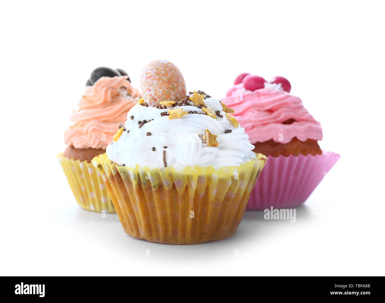 Tasty Easter cupcakes on white background Stock Photo
