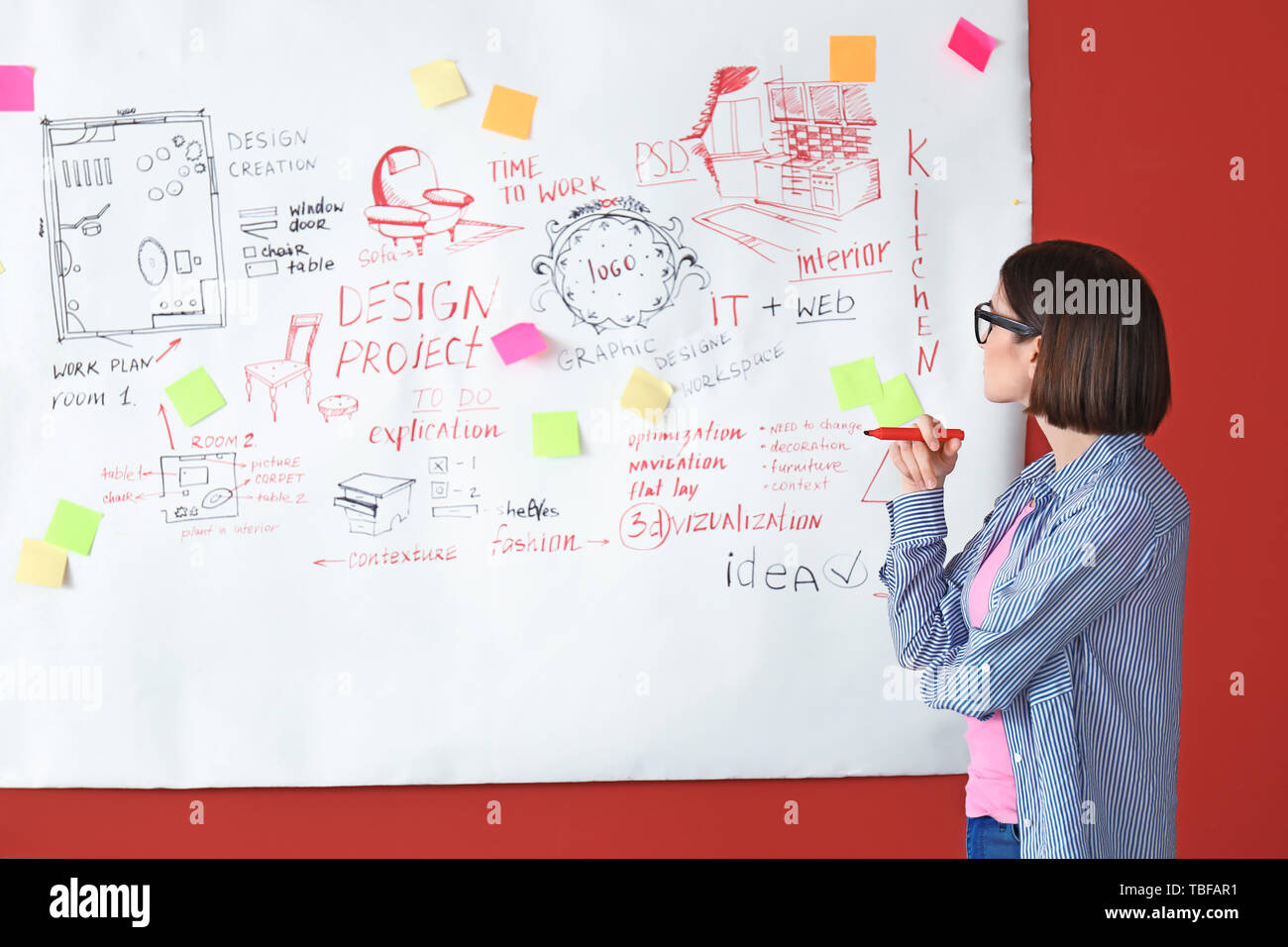 Female designer near big paper sheet with project plan in office Stock  Photo - Alamy