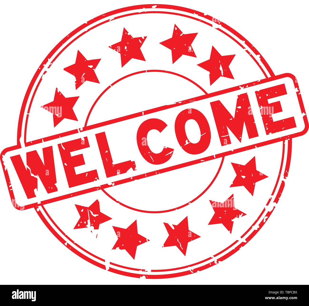 Grunge red welcome word with star icon round rubber seal stamp on white ...
