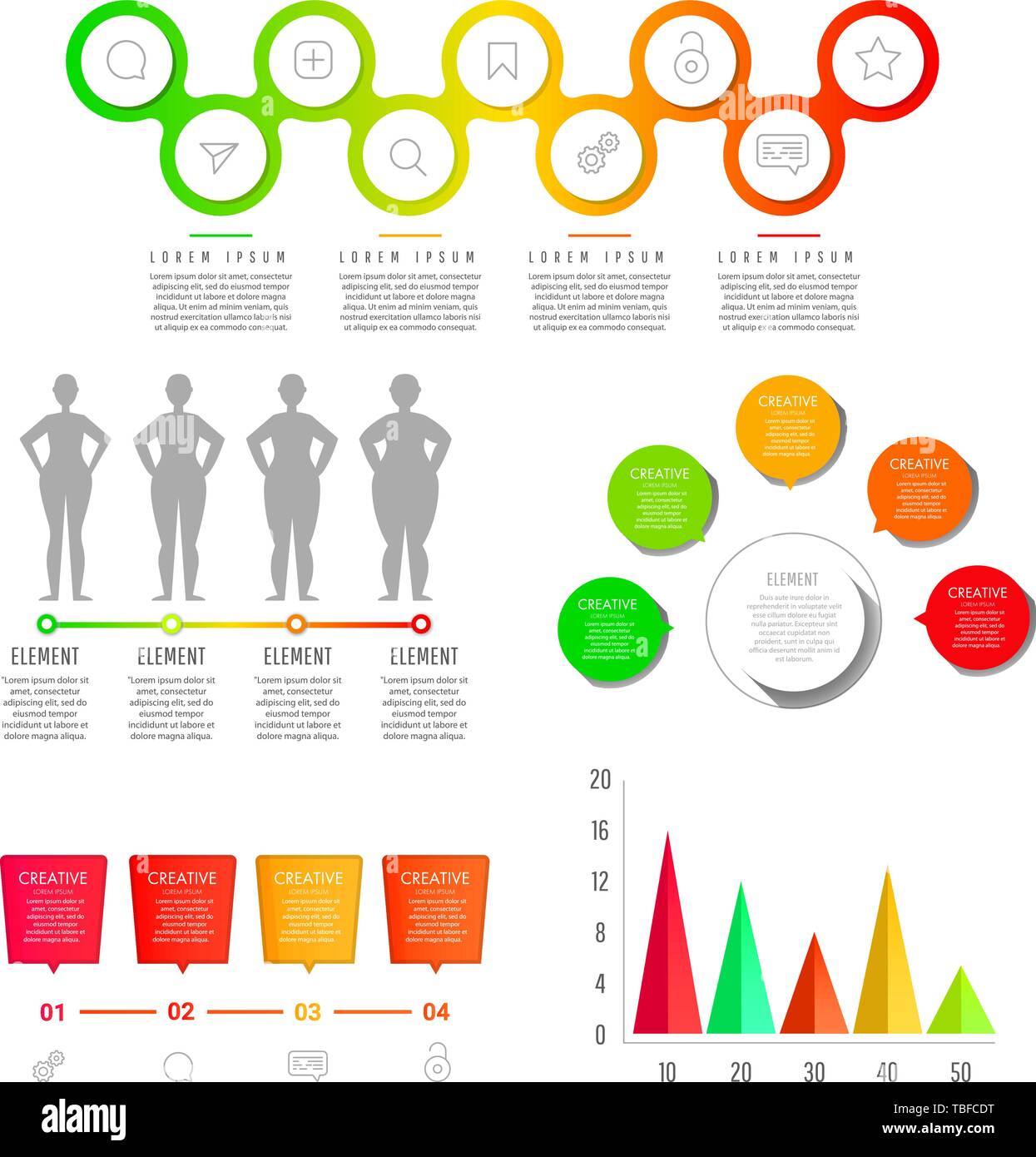 Modern creative infographics elements collection. Gradient objects with numbers and text, timeline infographics, check, speech bubbles, process charts Stock Vector