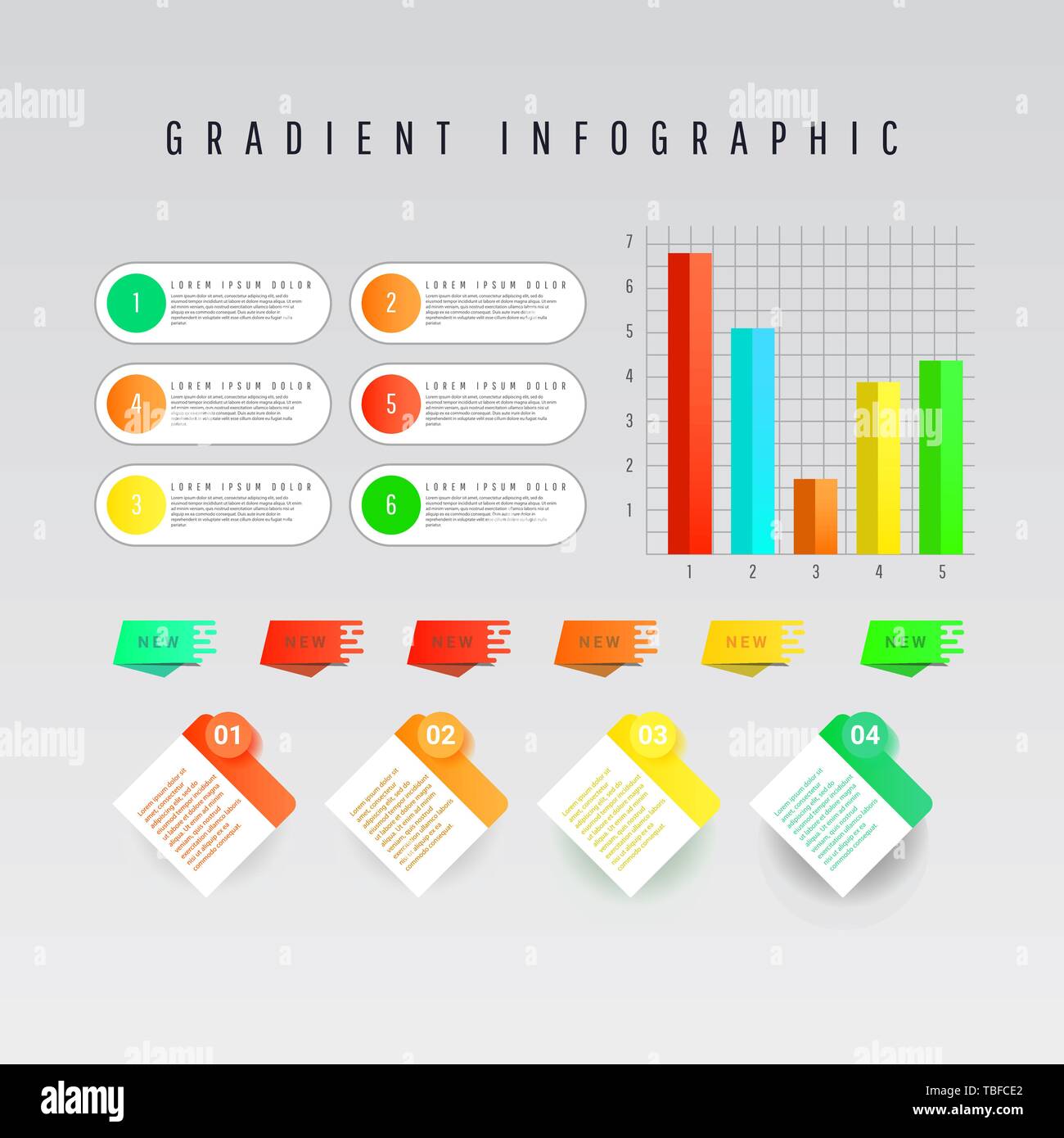 Modern creative infographics elements collection. Gradient objects with numbers and text, timeline infographics, check, speech bubbles, process charts Stock Vector