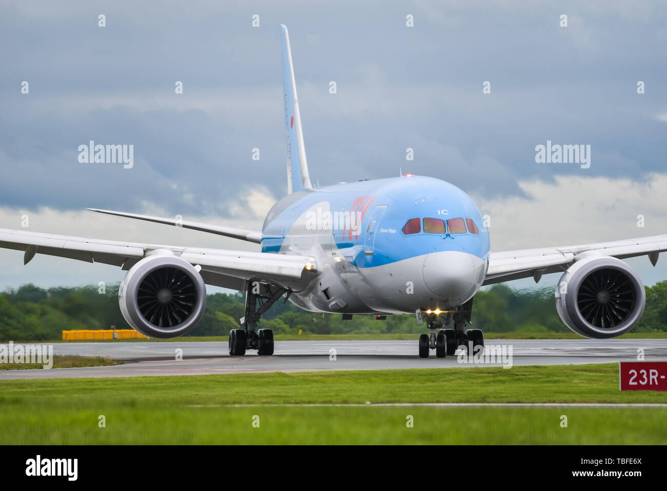 MANCHESTER UK, 30 MAY 2019: TUI Boeing 787-8 Dreamliner flight BY2429 from Dubrovnik taxies off runway 23R at Manchaester Airport after landing. Stock Photo