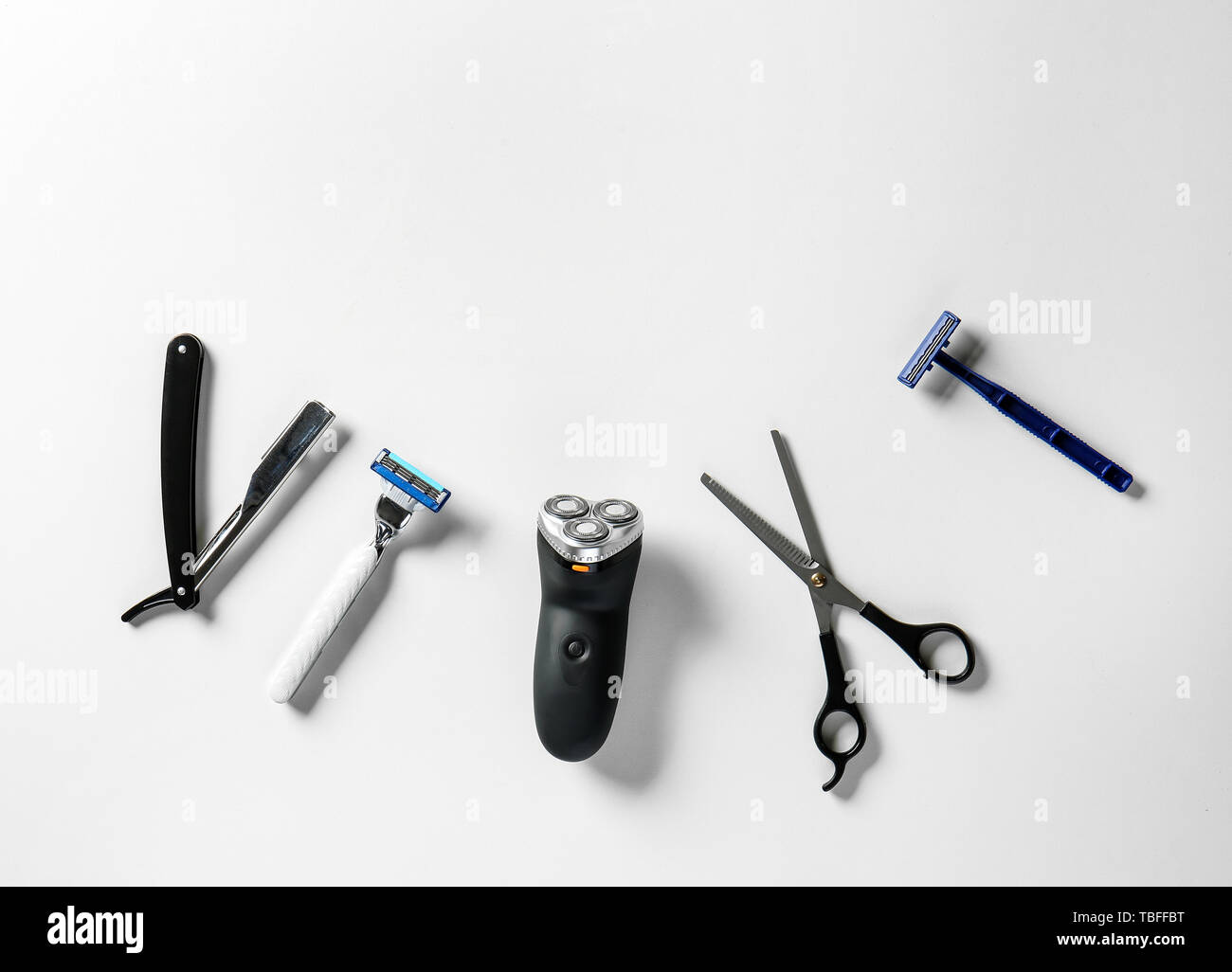 Set of male shaving accessories on white background Stock Photo - Alamy