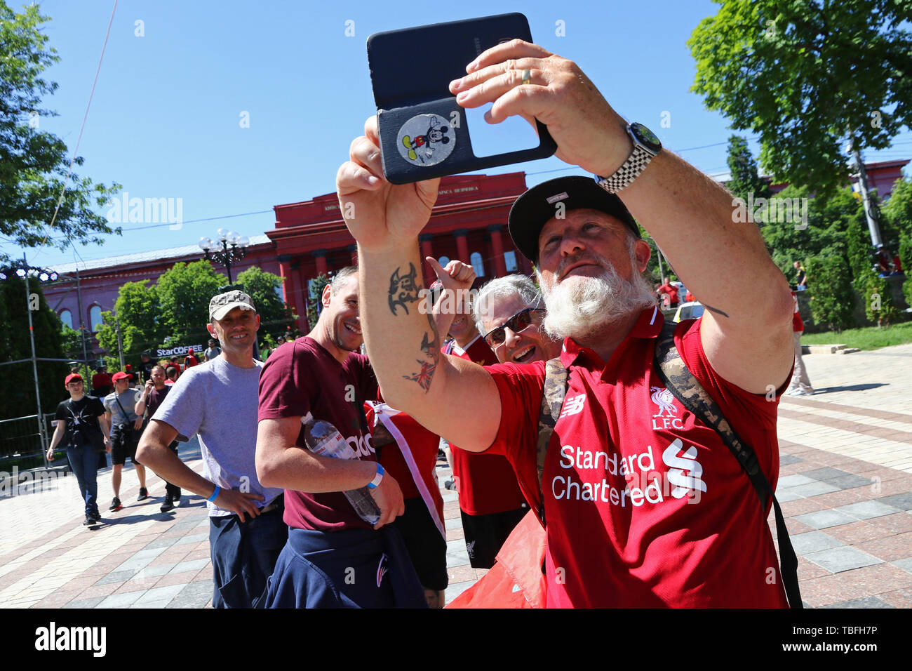 Kyiv, Ukraine - May 26, 2018: Liverpool fans make selfie portrait at Taras Shevchenko park in center of Kyiv city before the UEFA Champions League Fin Stock Photo