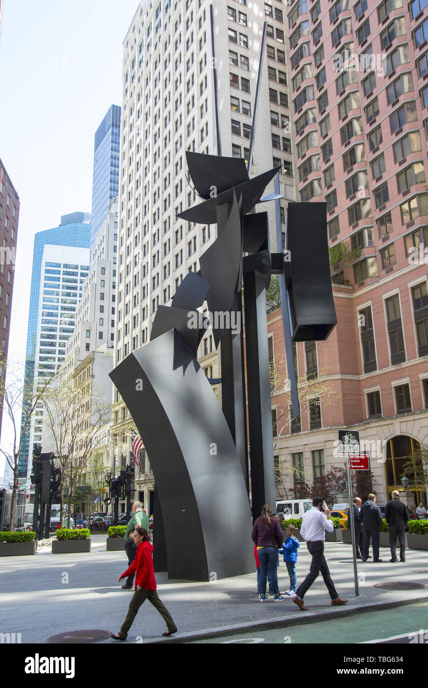 Louisse Nevelson Plaza, the1st public space in NYC named for an artist. Seven black steel sculptures titled 'Shadows and Flags' by Nevelson in the Financial District in downtown Manhattan. Stock Photo