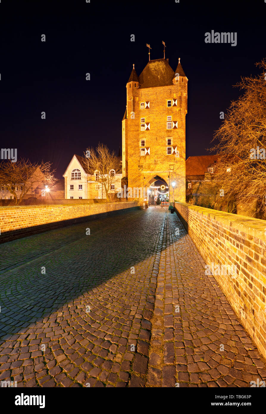 The old Kleve Gate (Klever Tor) in Xanten, Germany. Night shot. Stock Photo