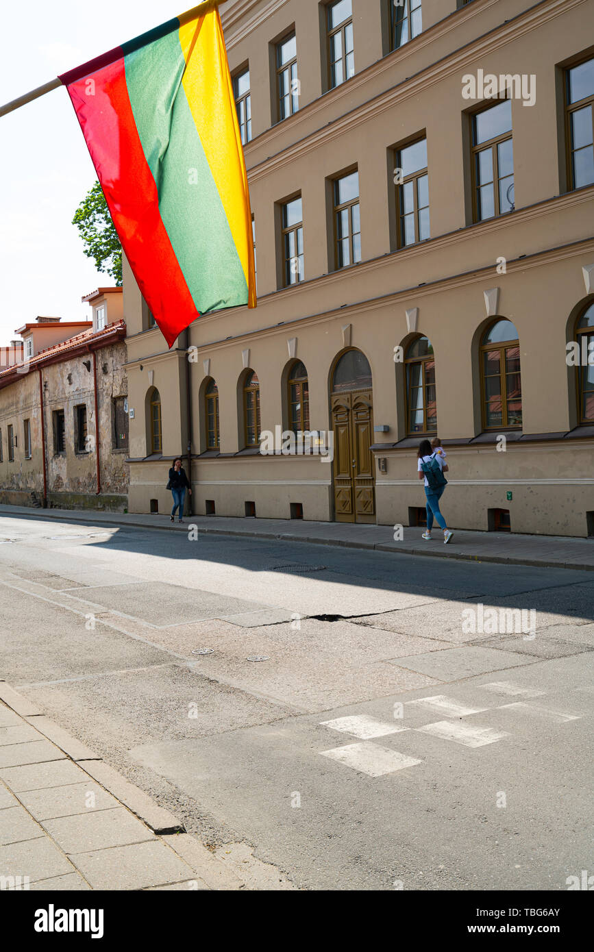 Vilnius, Lithuania. May 2019.   A Lithuanian flag waving on a street of the city Stock Photo