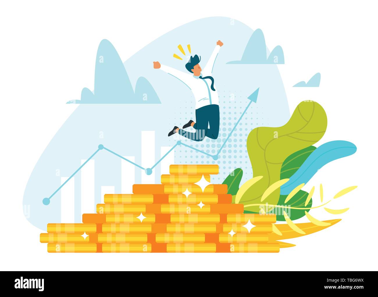 Profitable investment, funding flat vector illustration. Stock market income. Successful businessman standing on coins stack. Millionaire banker, fina Stock Vector
