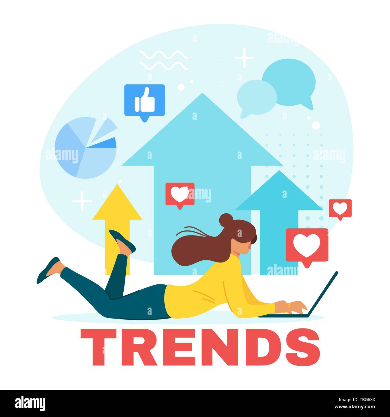 Girl searching trends vector web banner template. Freelance, remote job. Marketer analyzing digital market. Woman using social networks, blogger check Stock Vector