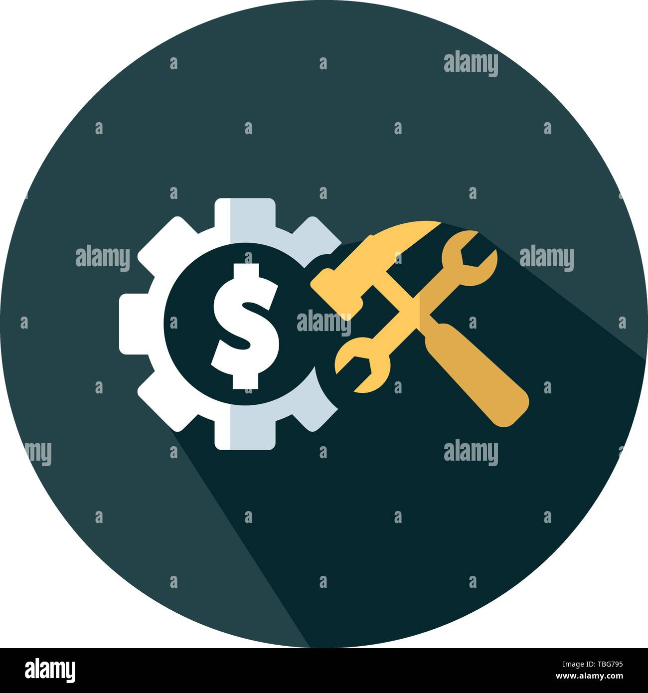 Dollar gears icon with tools - Flat vector illustration Stock Vector