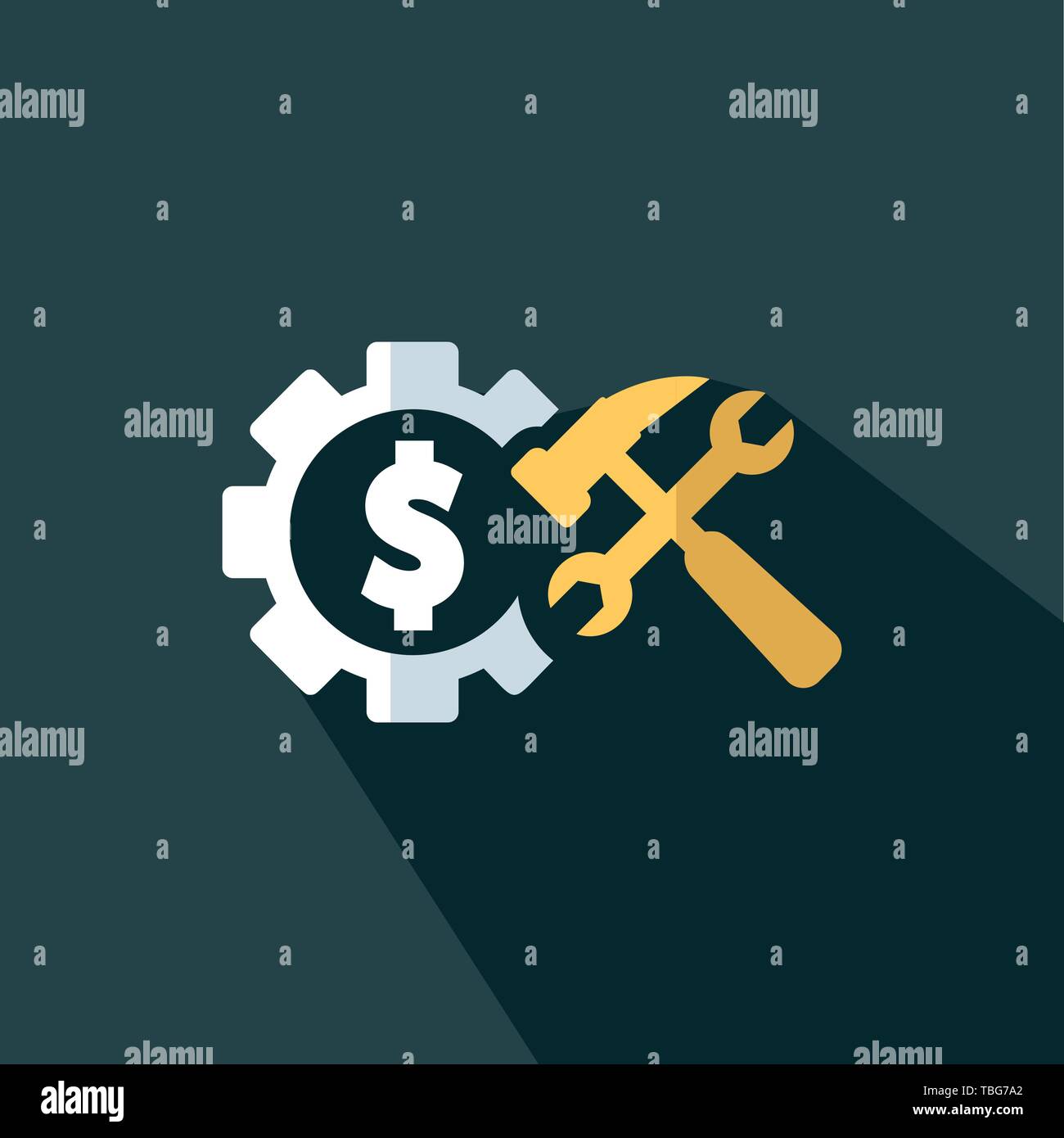 Dollar gears icon with tools - Flat vector illustration Stock Vector