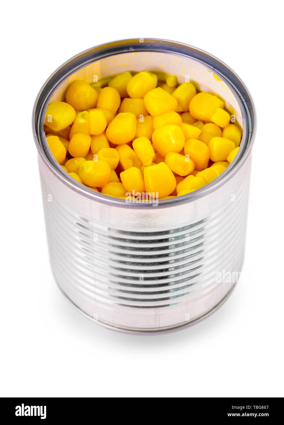 Canned corn in an opened tincan isolated over the white background Stock Photo Alamy