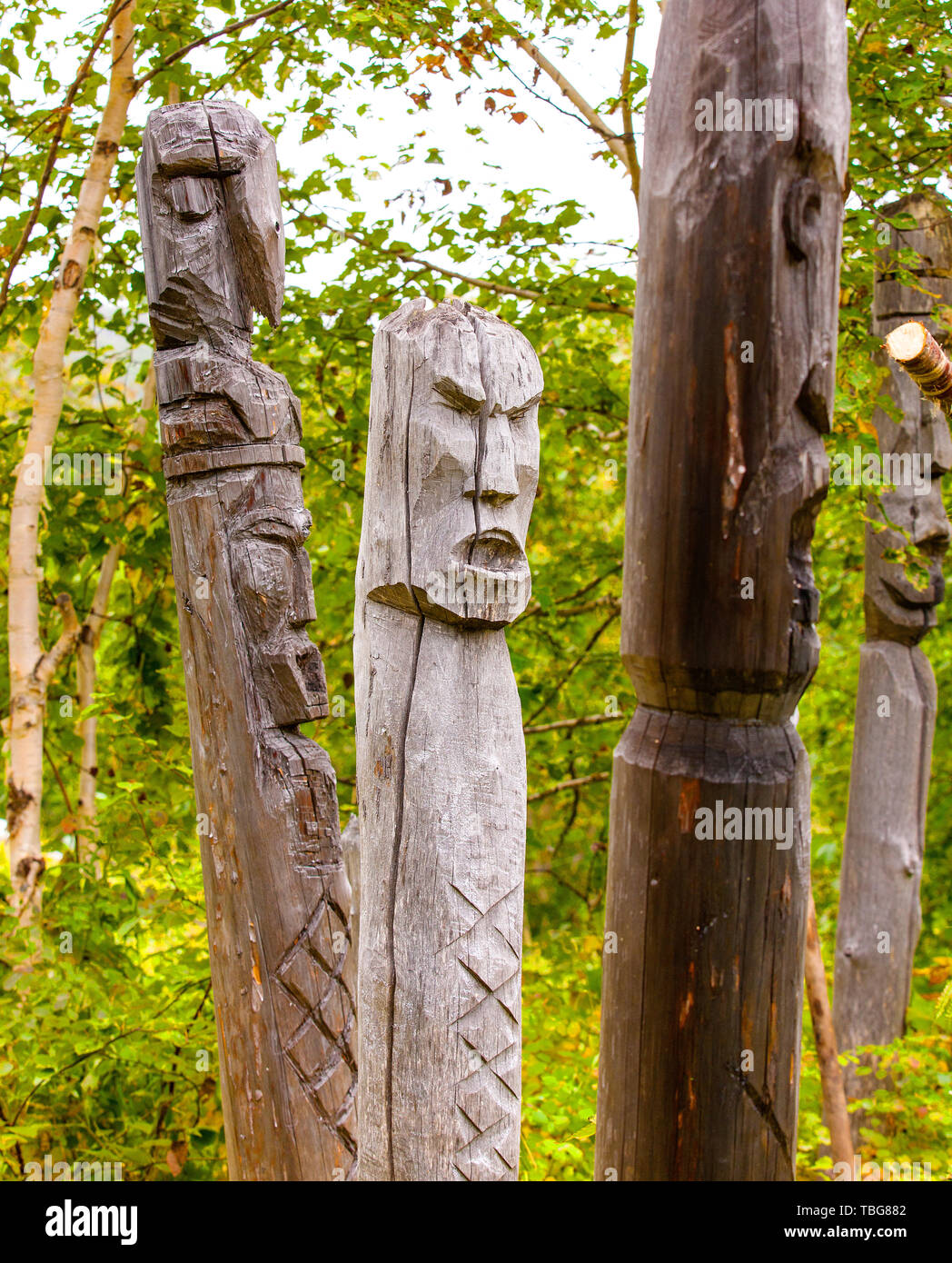 totem poles of the aborigines of Kamchatka: Itel'men and Koryak Stock Photo