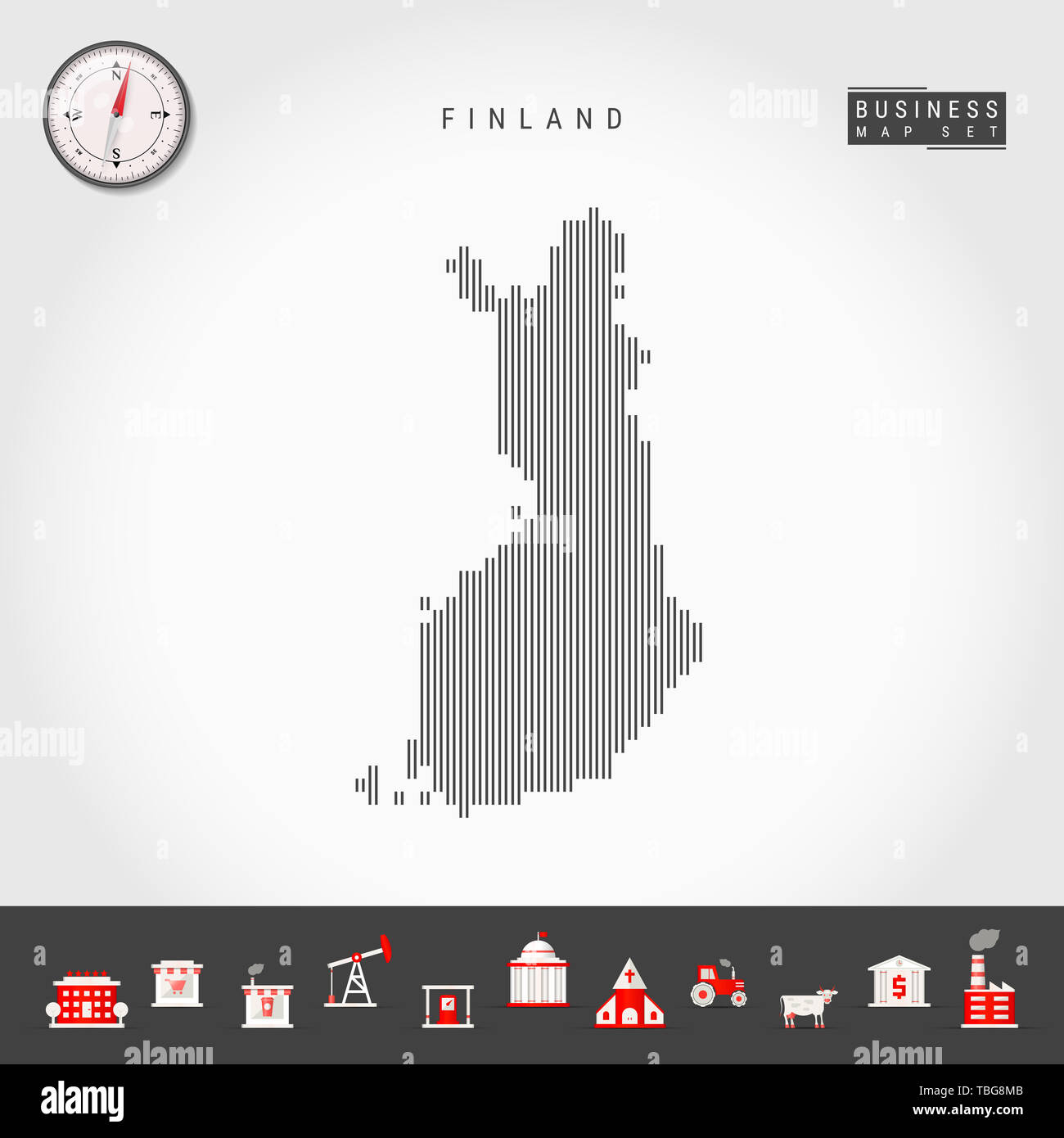Vertical Lines Pattern Map of Finland. Striped Simple Silhouette of Finland. Realistic Compass. Business Infographic Icons. Stock Photo