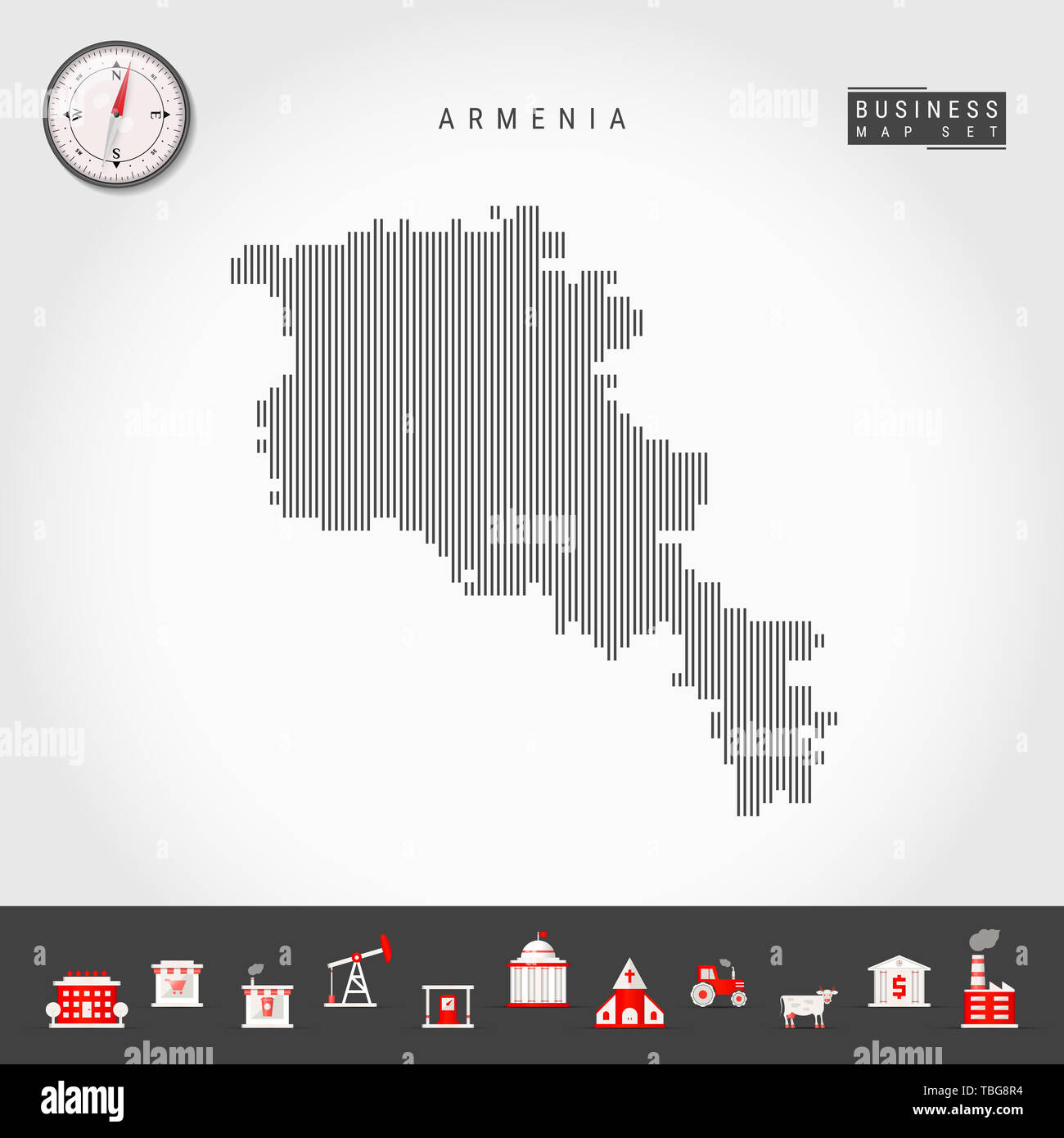 Vertical Lines Pattern Map of Armenia. Striped Simple Silhouette of Armenia. Realistic Compass. Business Infographic Icons. Stock Photo