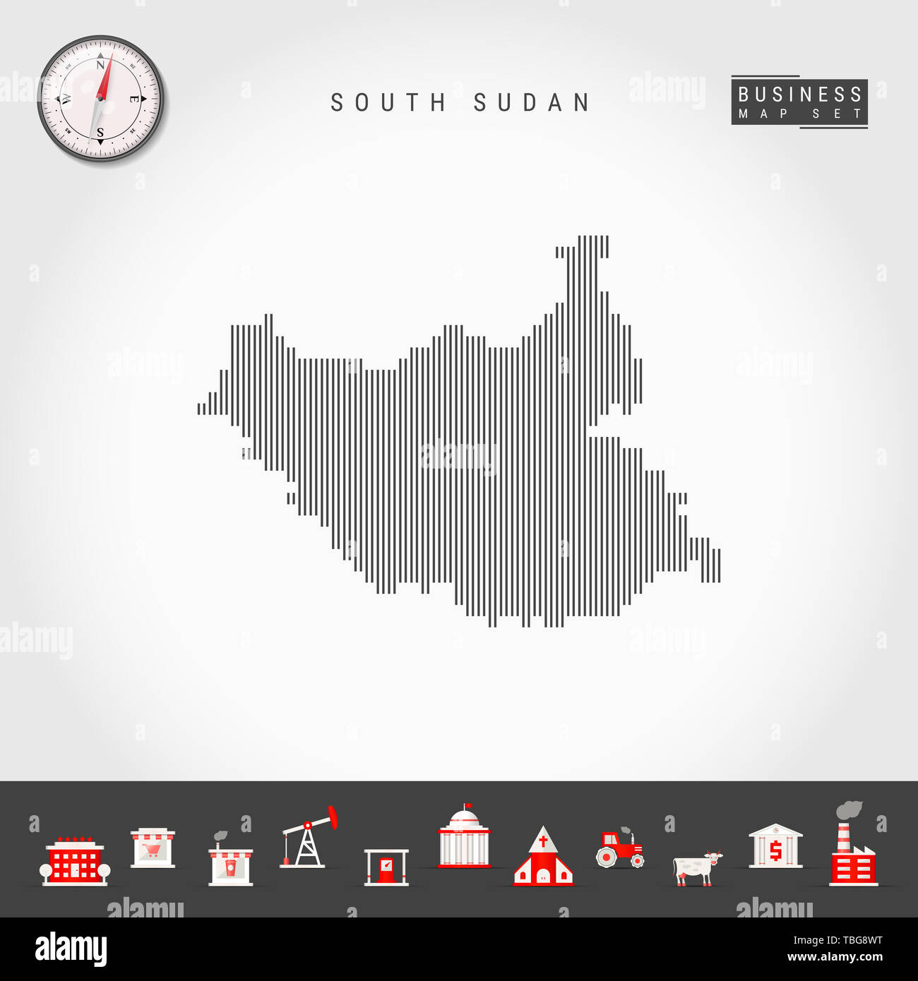 Vertical Lines Pattern Map of South Sudan. Striped Simple Silhouette of South Sudan. Realistic Compass. Business Infographic Icons. Stock Photo