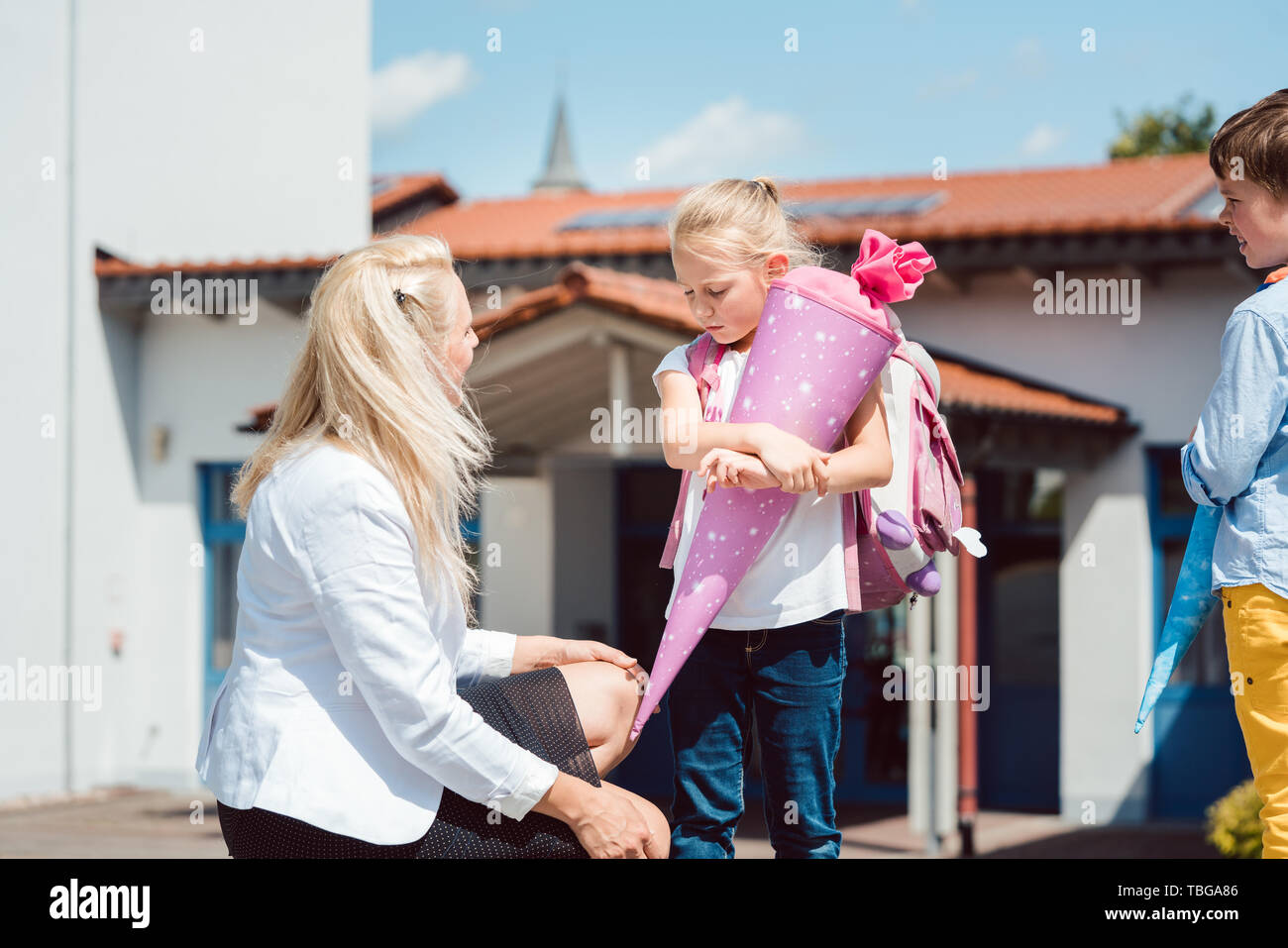 First day in school for little girl Stock Photo