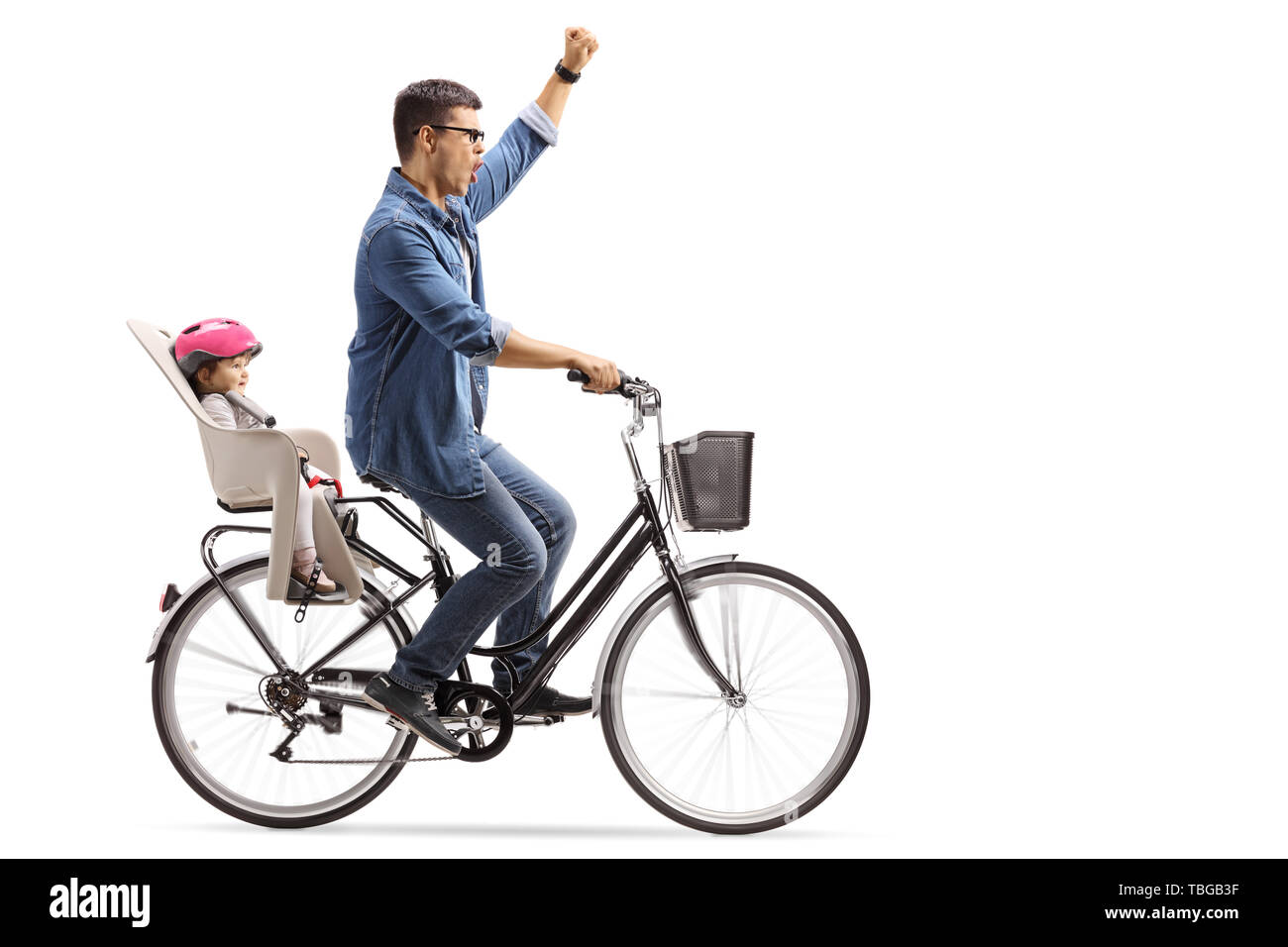 Full length shot of a happy father riding a baby in a bicycle child's seat isolated on white background Stock Photo