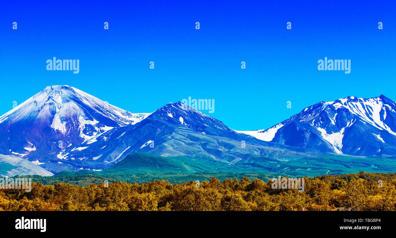 The Avachinsky and Kozelsky volcanoes in Kamchatka in the autumn with a ...