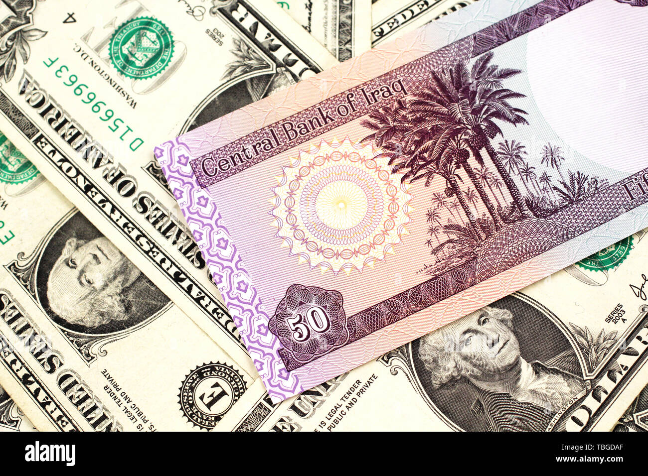 A Purple Iraqi Fifty Dinar Bank Note Close Up In Macro With An