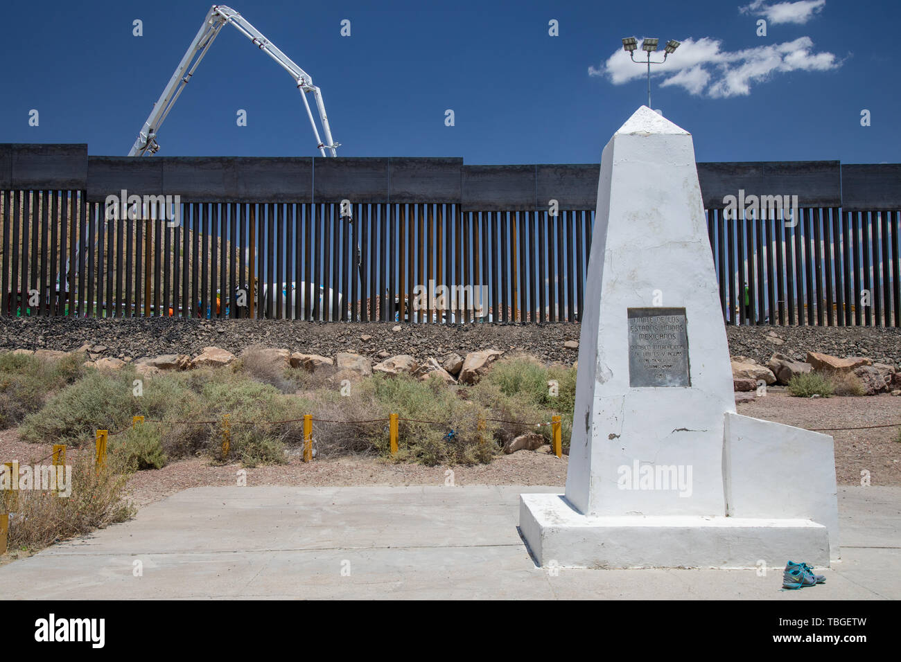 A border fence built by private donations sits some 60 feet behind the US-Mexico border at Monument Number 1, 30 May 2019 Stock Photo