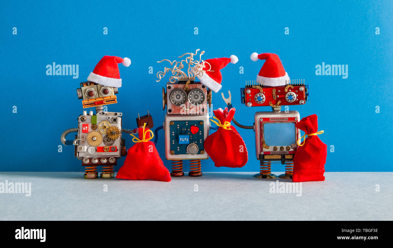 Three Christmas Santa Claus Robotic Toys Dressed In Red Holiday