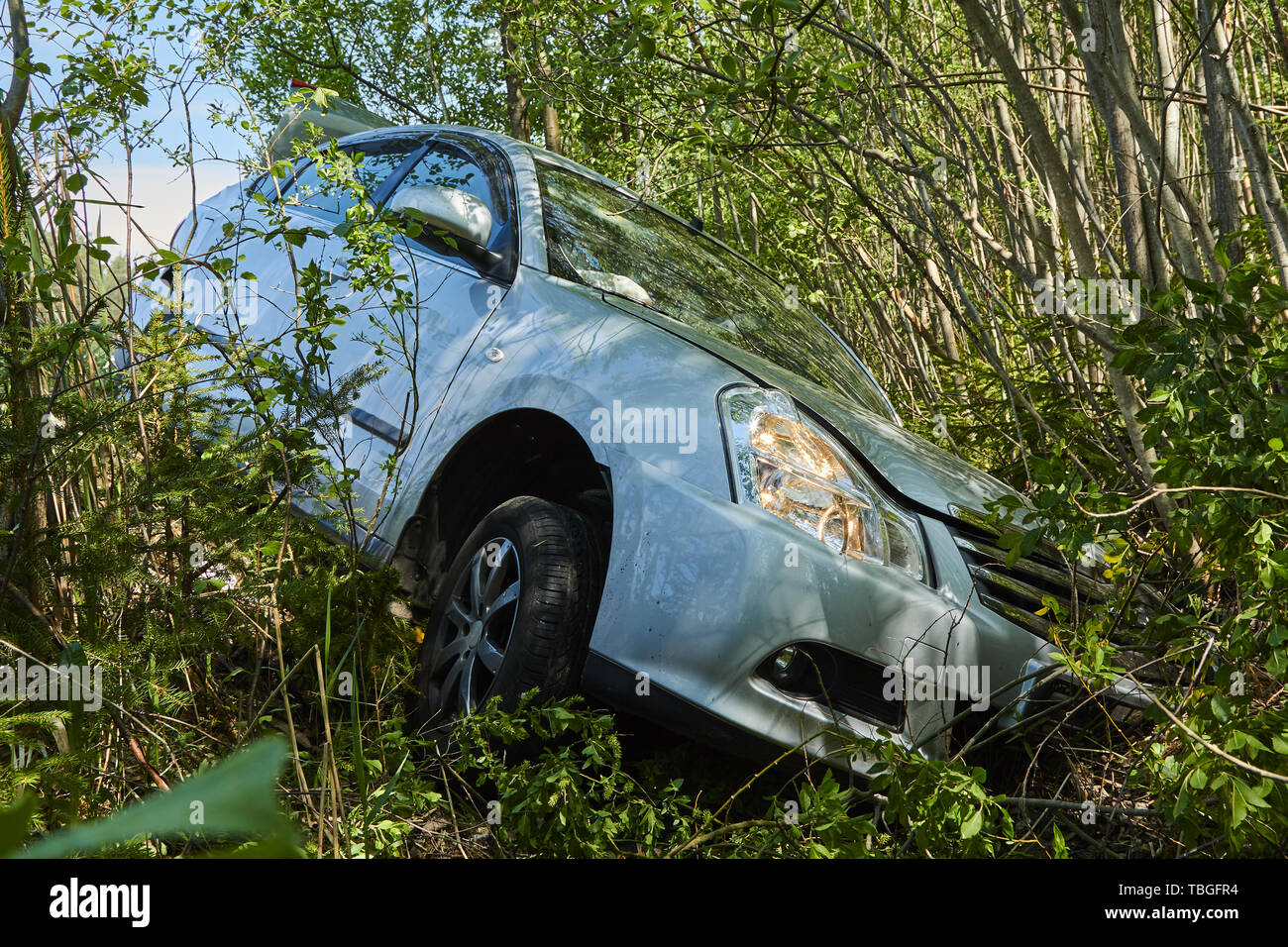 Car accident on a road in May 20, 2019 car after a frontal collision in Latvia next to Ozolnieki, transportation background Stock Photo