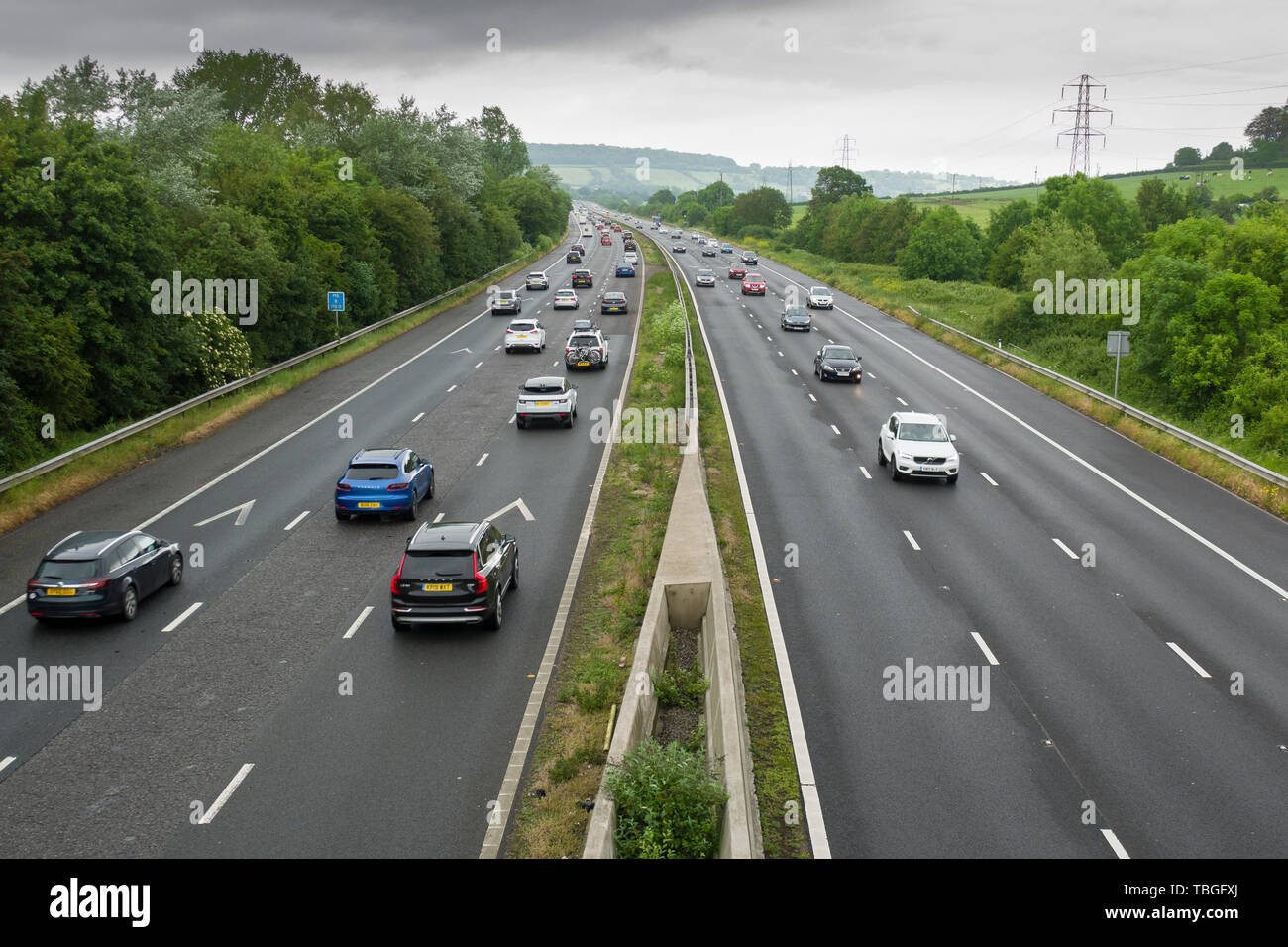 Holiday traffic on the M5 motorway near Weston-super-Mare, North Somerset, England. Stock Photo