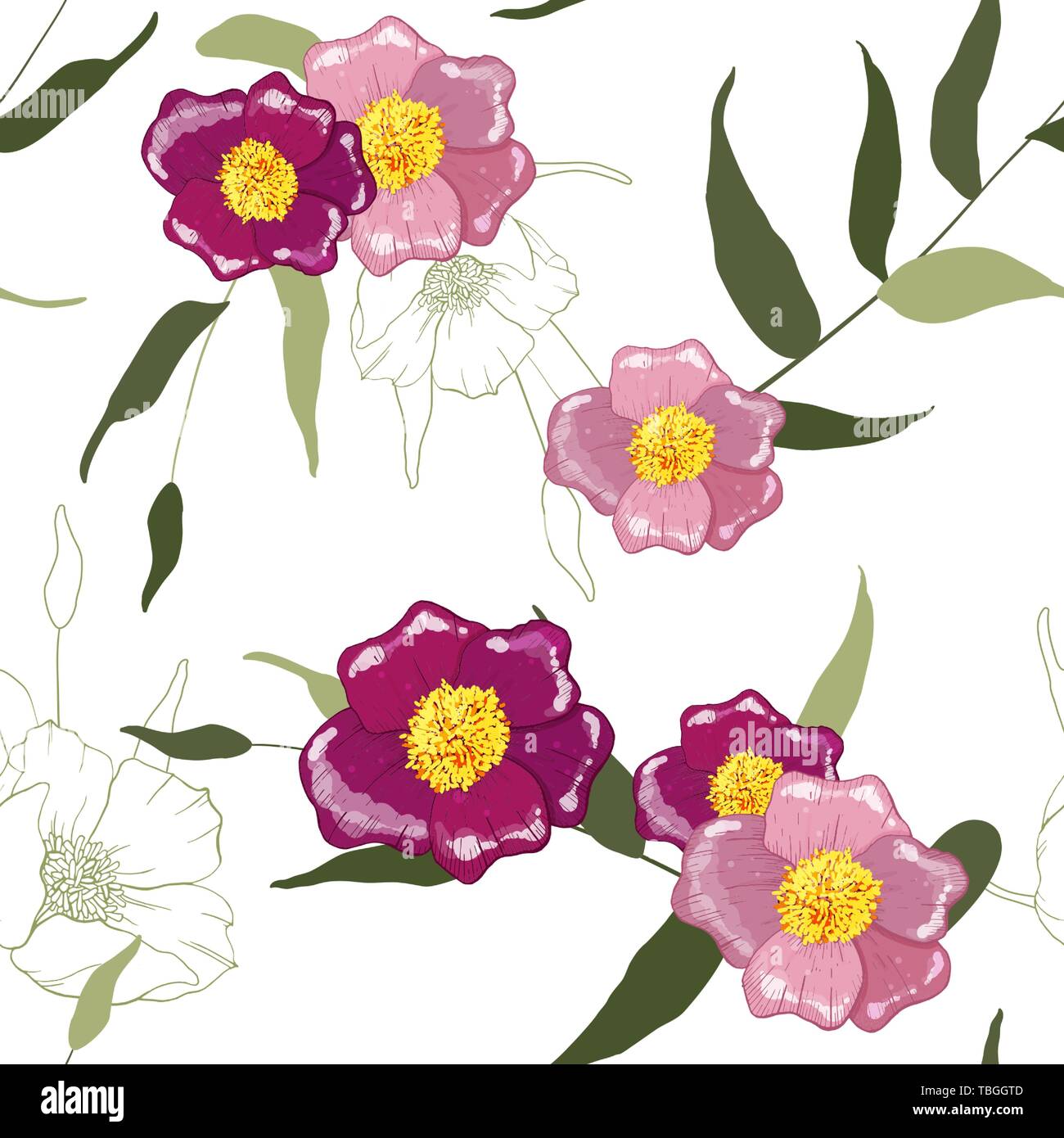 Beautiful seamless template on pink flower skin style background. Seamless vintage texture. Botanical illustration. Vector art. Stock Vector
