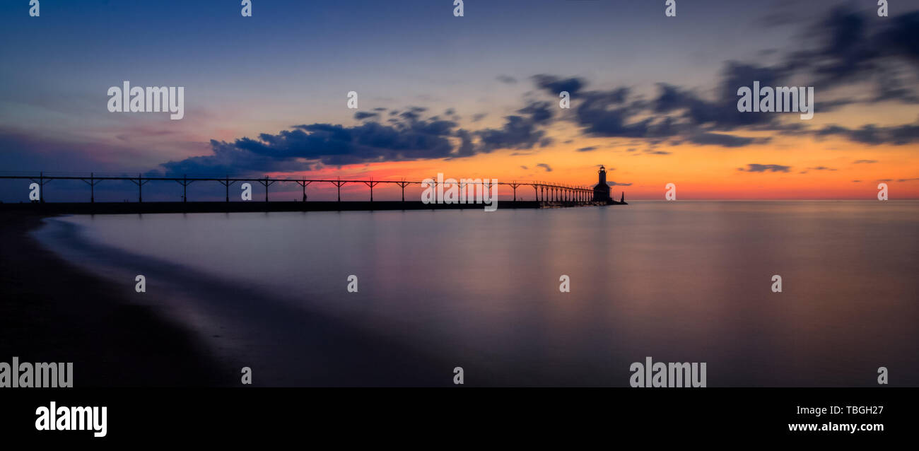 Long exposure panorama of Michigan City East Pierhead Lighthouse after