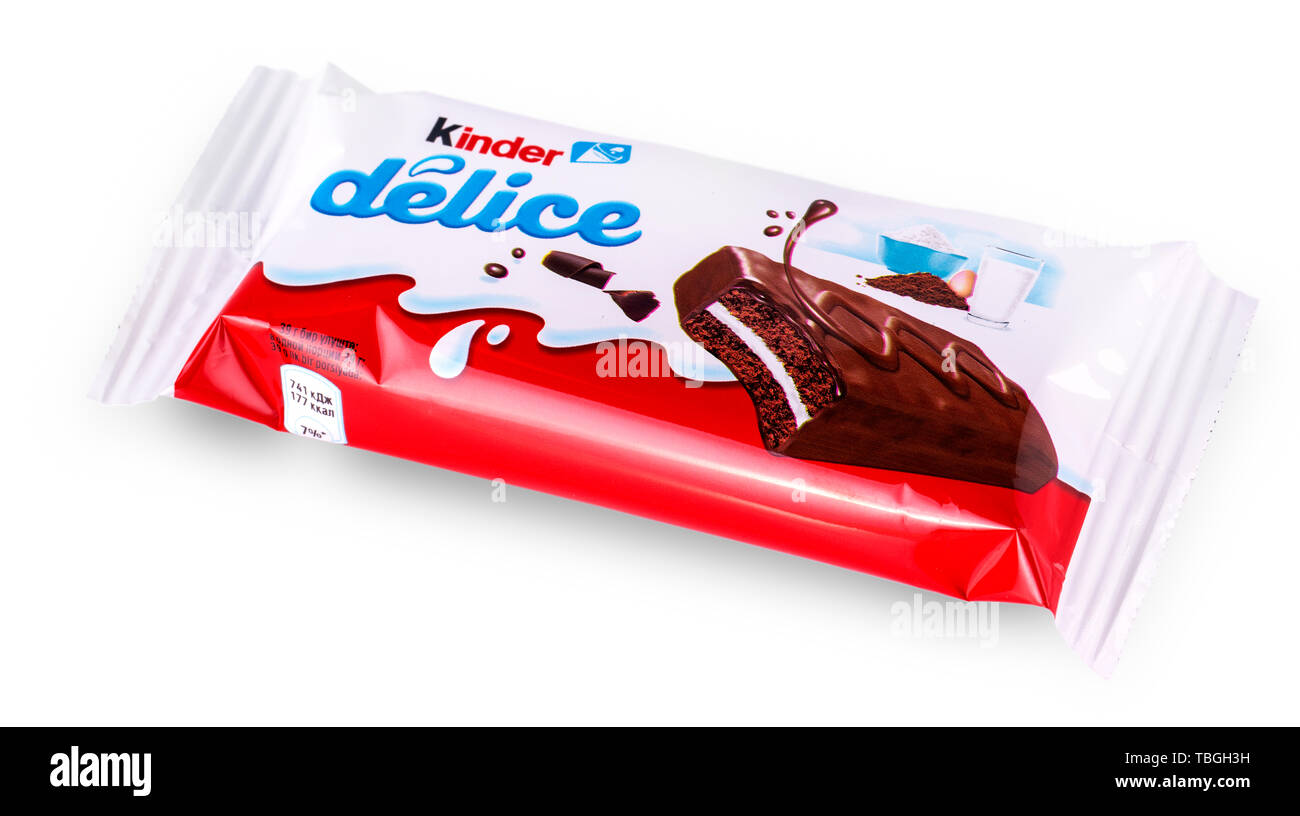 Chisinau, Moldova - 26 December2017: Kinder Delice snack made from milk and soft sponge cake covered in chocolate. Kinder Delice is a children snack m Stock Photo