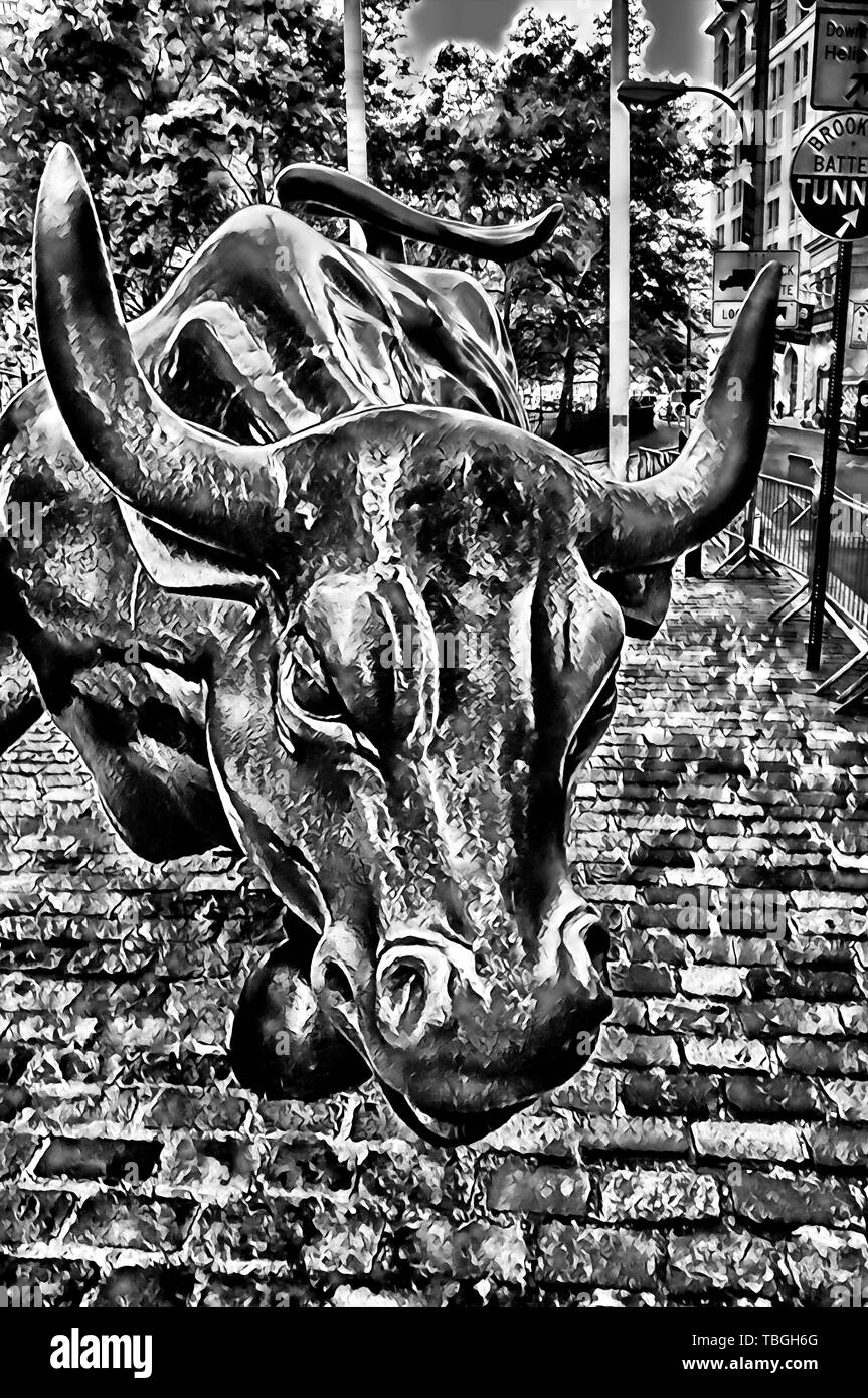 Wall Street bull sculpture , black & white , illustration, Manhattan, New York City Stock Photo