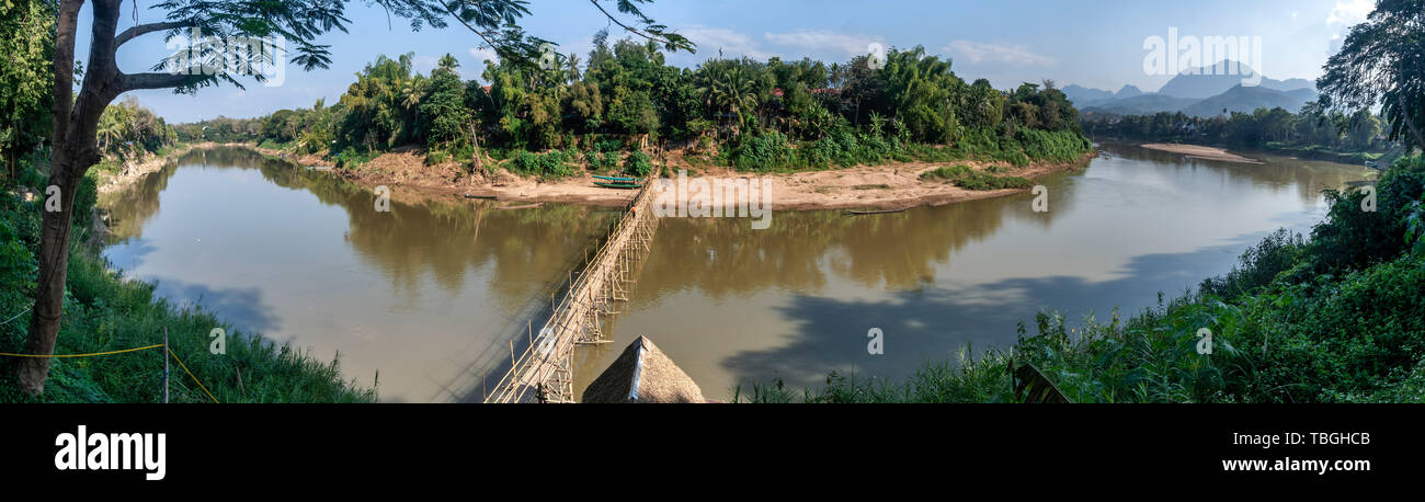 Bamboo bridge , across Nam Khan River, Mekong billabong, Luang Prabang Stock Photo