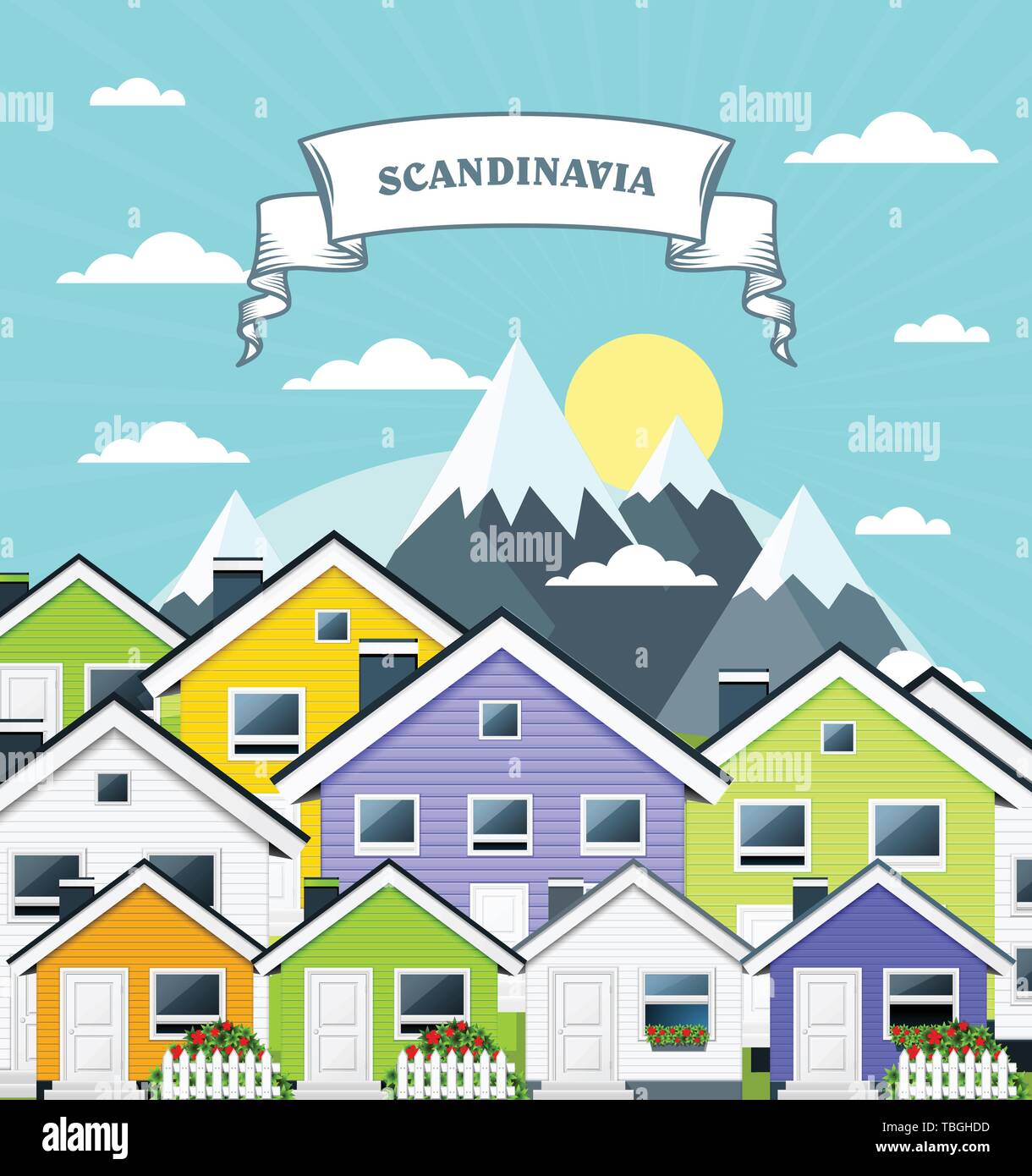 Small village in Norway, Scandinavia - variegated country town houses and mountains Stock Vector