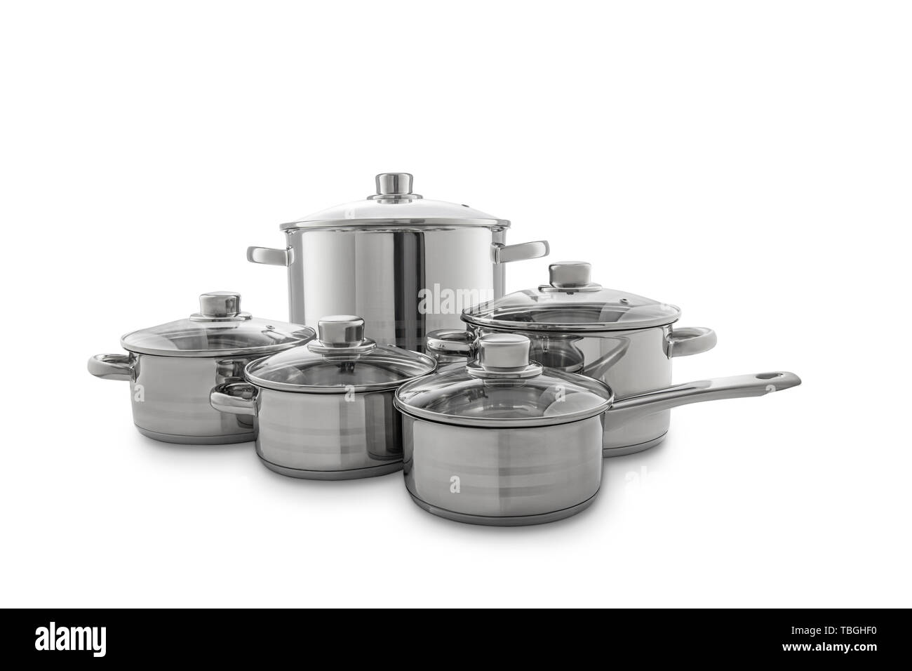 Stainless steel cooking pot, pans and casserole isolated on white  background with clipping path Stock Photo