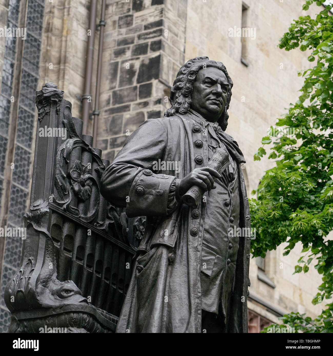 Johann Sebastian Bach Statue in front of Thomaskirche St Thomas church, Leipzig, Saxony, Germany, Europe Stock Photo
