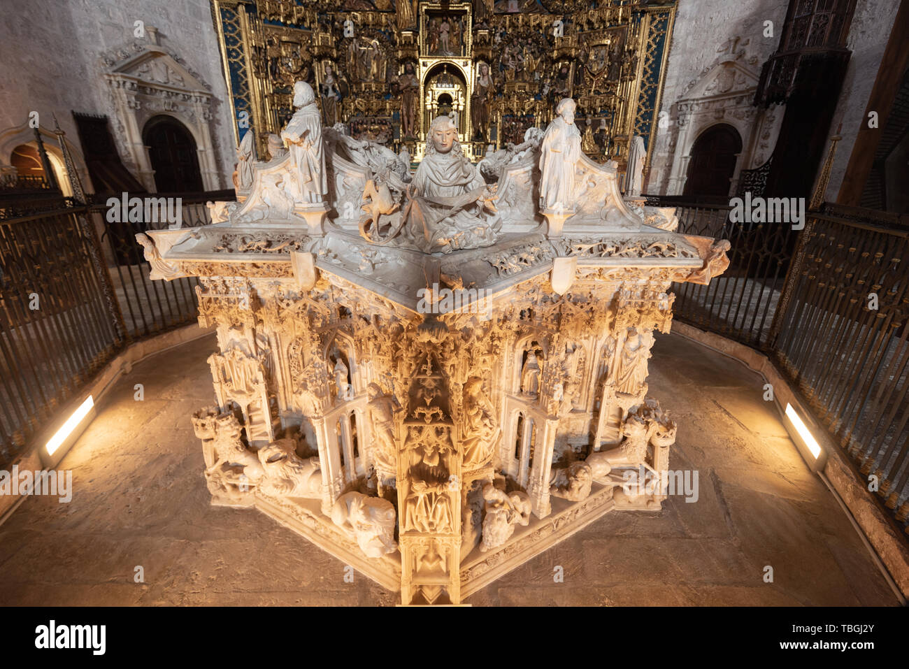 Burgos, Spain - April 13, 2019: Interior of Gothic monastery Cartuja de Miraflores in Burgos, Castilla y Leon, Spain. Stock Photo