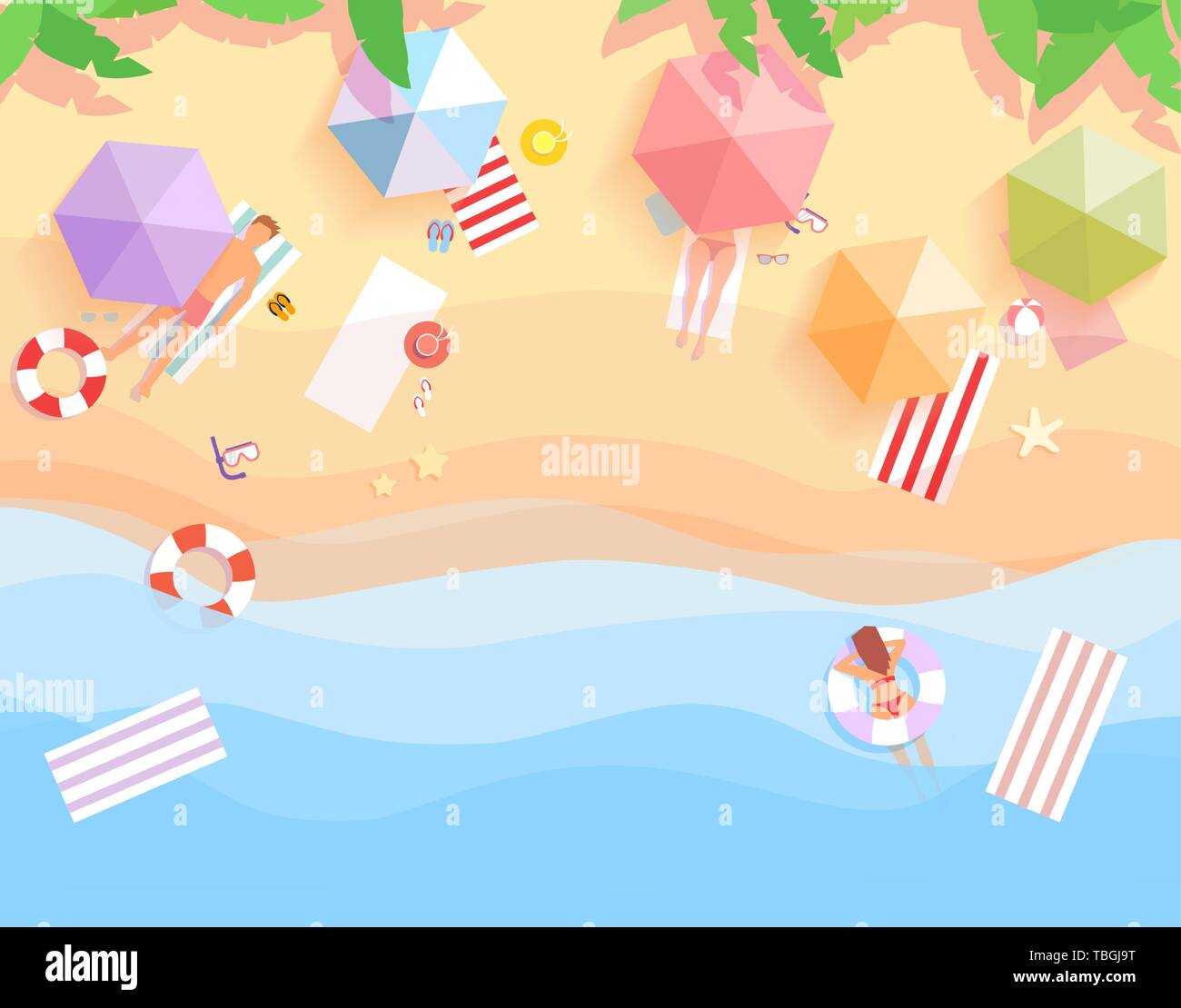 Vector top view of people relaxing on the tropical beach paradise with umbrellas, swim ring, surfboards Stock Vector